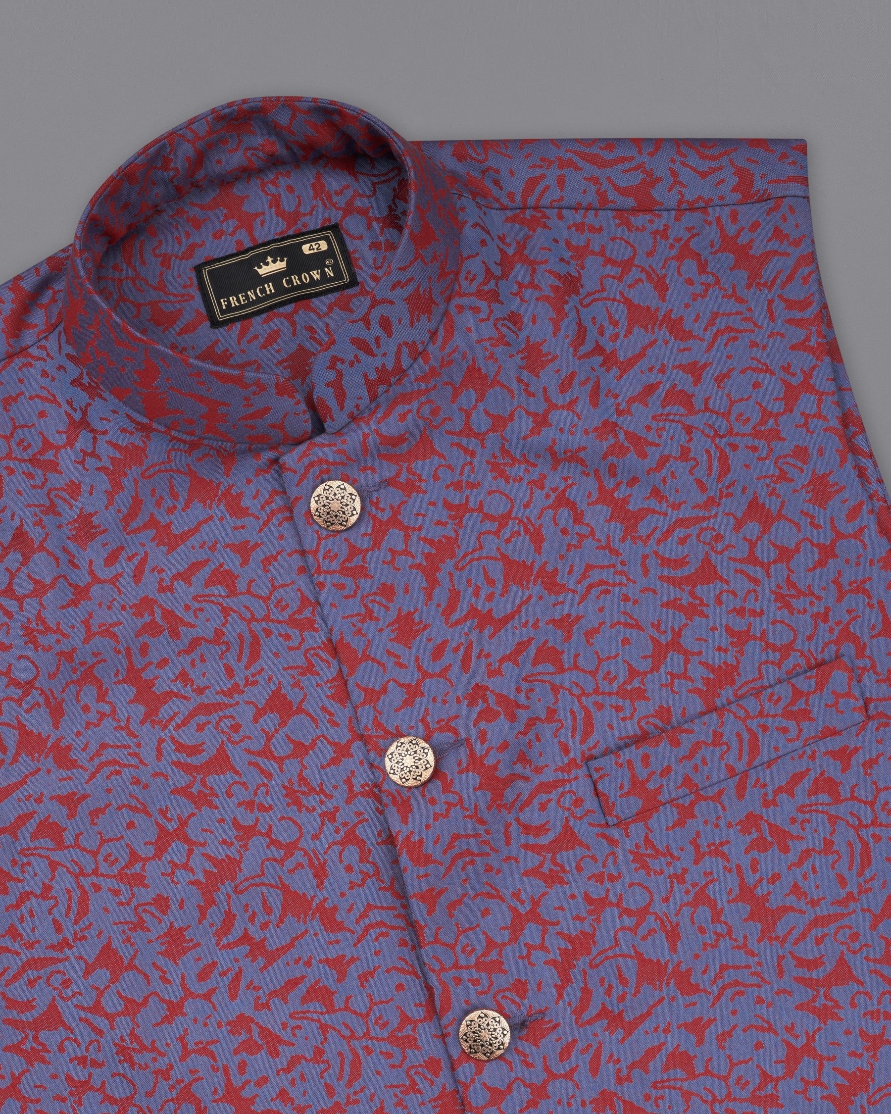 Waikawa Blue with Sanguine Red Jacquard Textured Designer Nehru Jacket