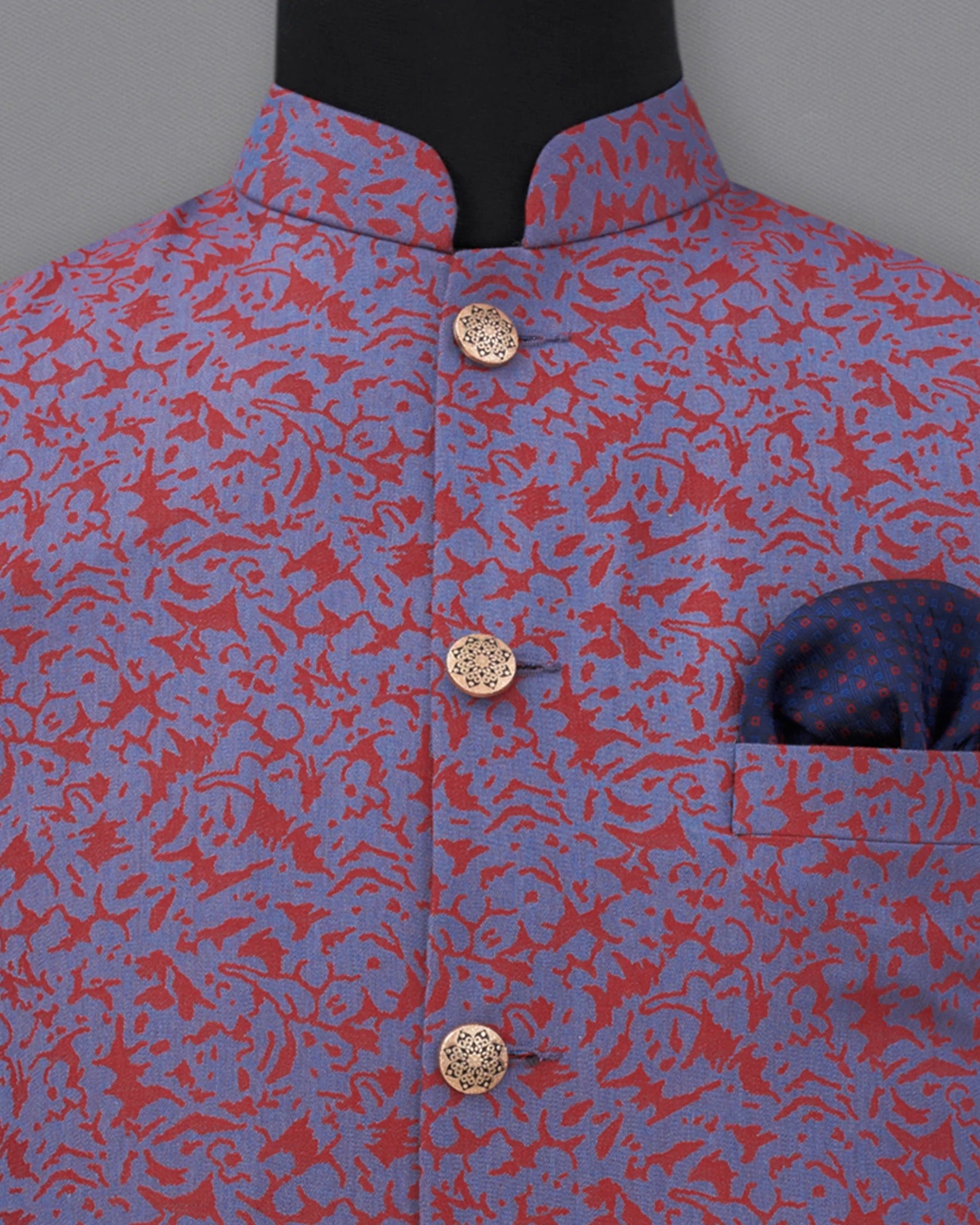 Waikawa Blue with Sanguine Red Jacquard Textured Designer Nehru Jacket