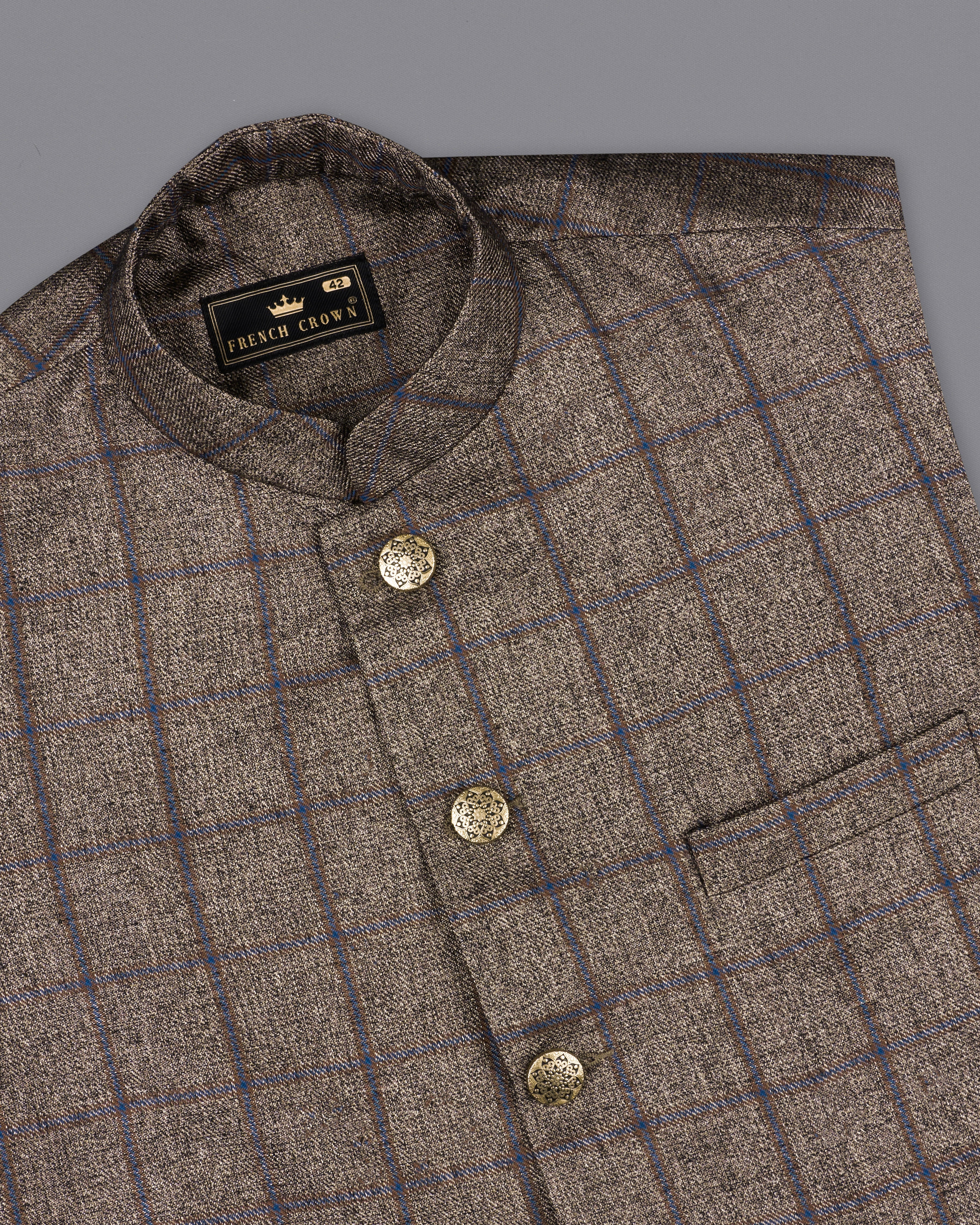 Pine Cone Brown Plaid Nehru Jacket WC2304-36, WC2304-38, WC2304-40, WC2304-42, WC2304-44, WC2304-46, WC2304-48, WC2304-50, WC2304-52, WC2304-54, WC2304-56, WC2304-58, WC2304-60	
