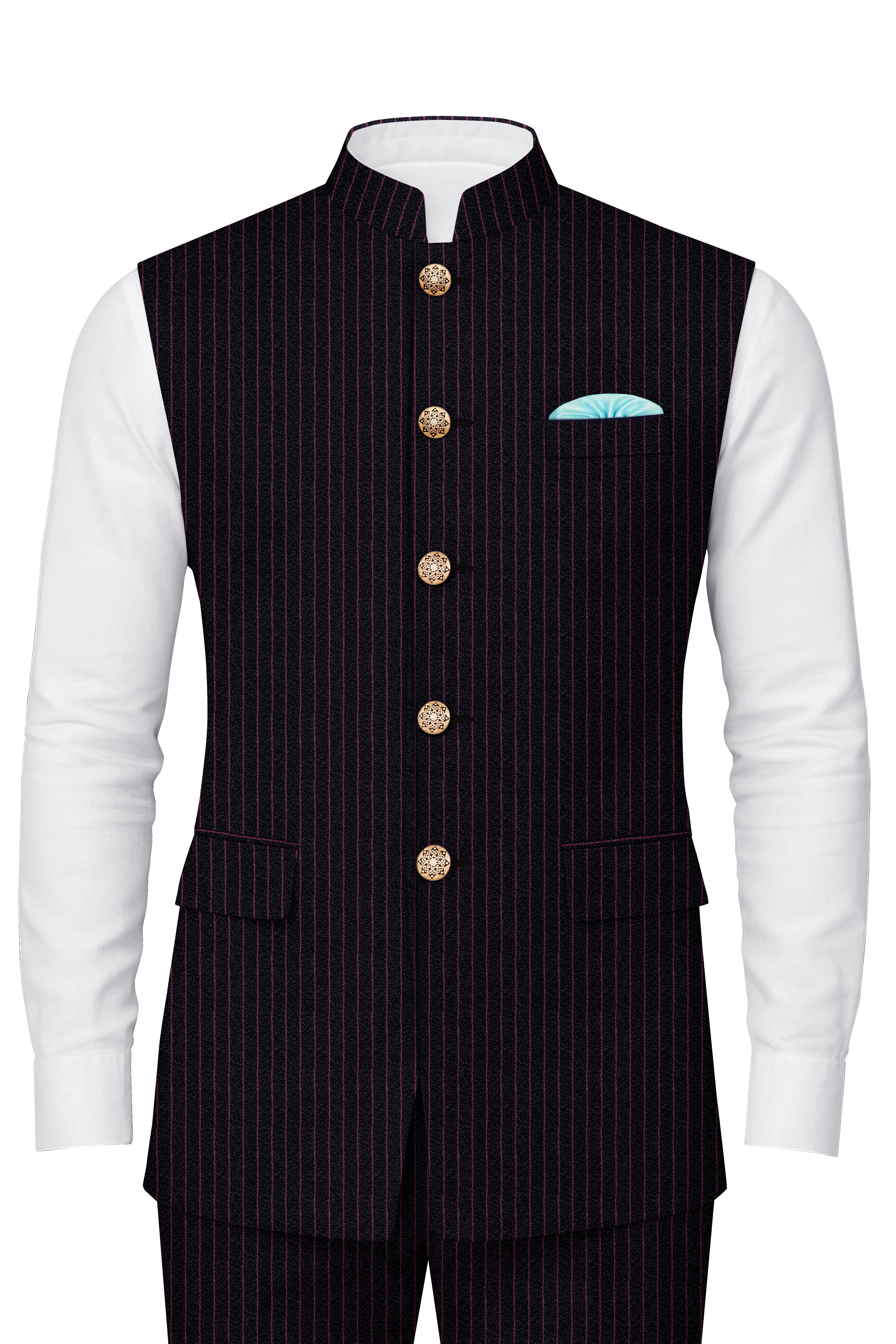 Zeus Black with Dark Mauve Pink Striped Nehru Jacket