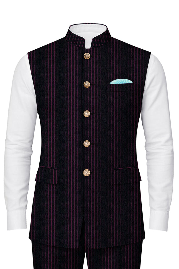 Zeus Black with Dark Mauve Pink Striped Nehru Jacket