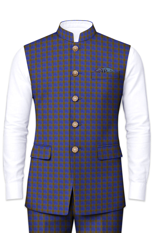 Twilight Blue with Alpine Brown Plaid Nehru Jacket