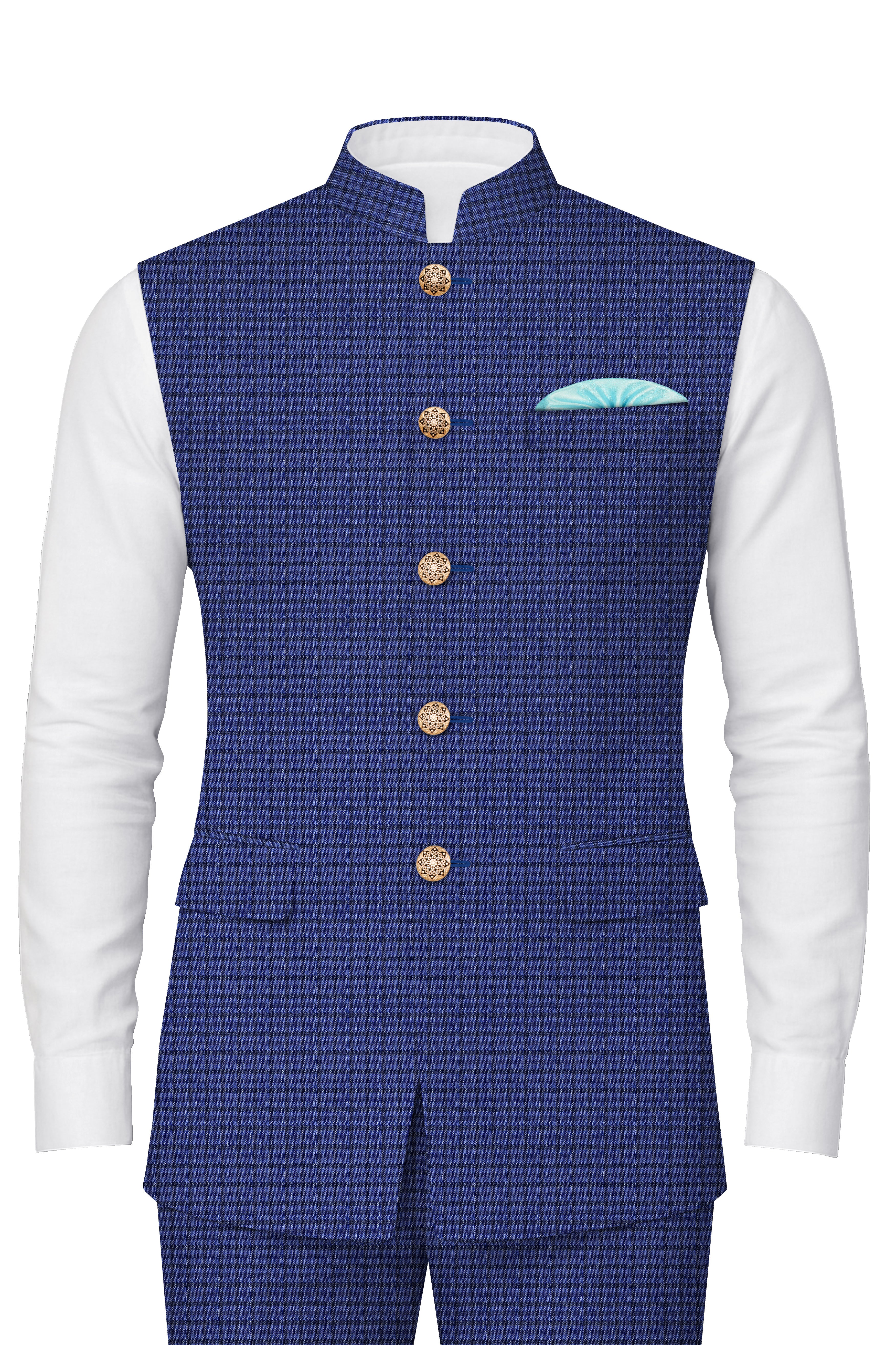 Victoria Blue Gingham Checkered Nehru Jacket