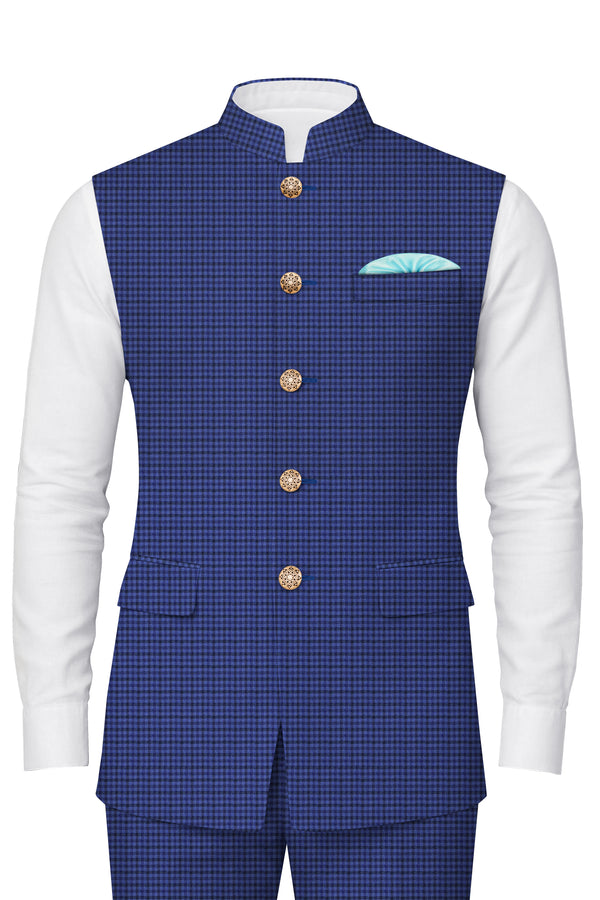 Victoria Blue Gingham Checkered Nehru Jacket