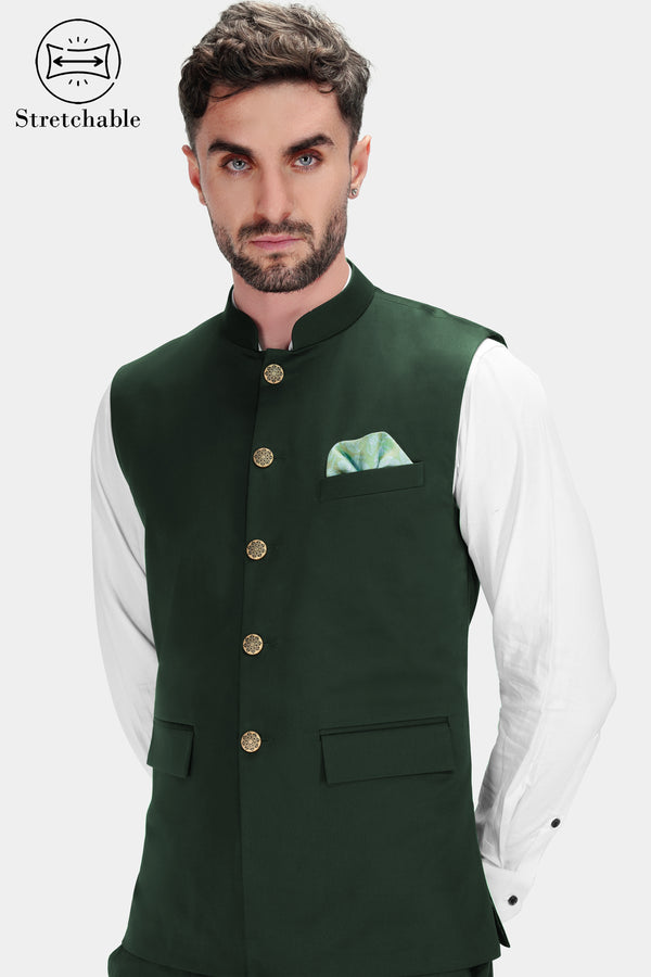 Heavy Metal Green Premium Cotton Stretchable Traveler Nehru Jacket