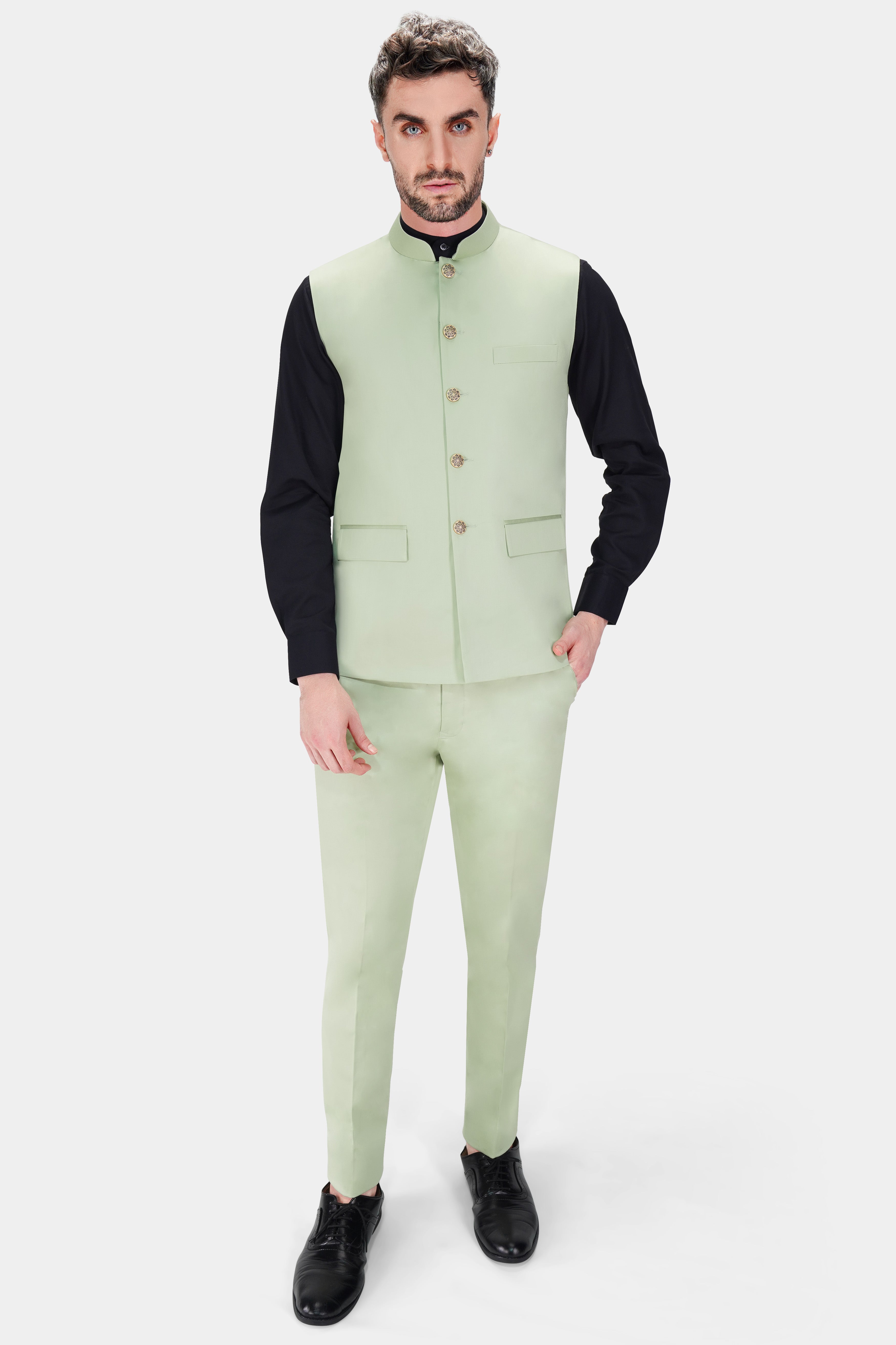 Coriander Green Premium Cotton Stretchable Traveler Nehru Jacket WC2796-36, WC2796-38, WC2796-40, WC2796-42, WC2796-44, WC2796-46, WC2796-48, WC2796-50, WC2796-52, WC2796-54, WC2796-56, WC2796-58, WC2796-60