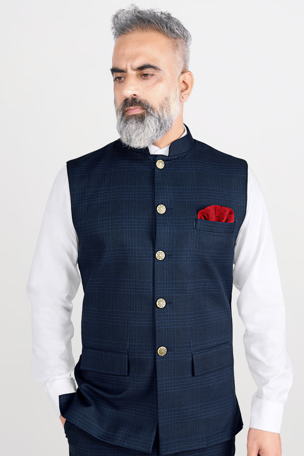 Prussian Blue Subtle Checkered Wool Rich Nehru Jacket