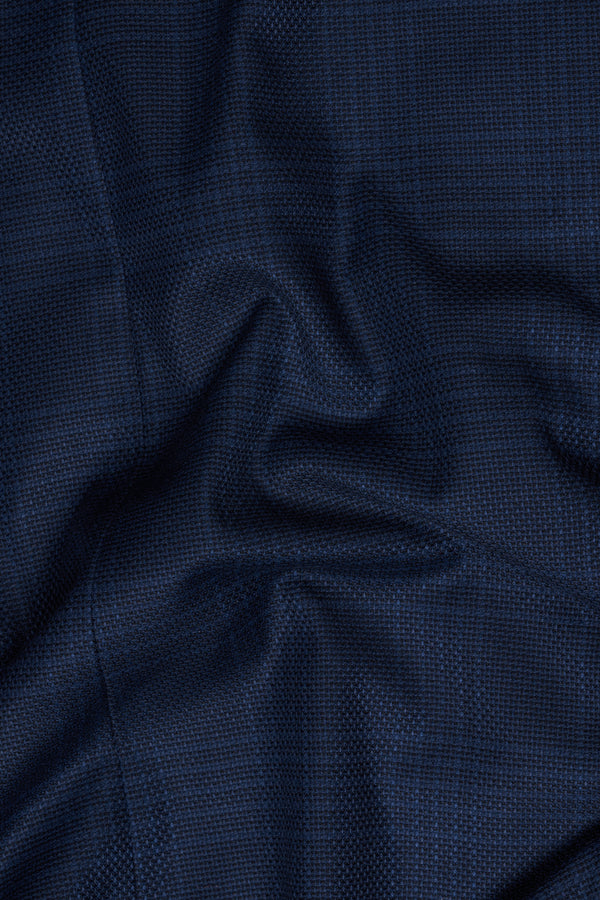 Prussian Blue Subtle Checkered Wool Rich Nehru Jacket