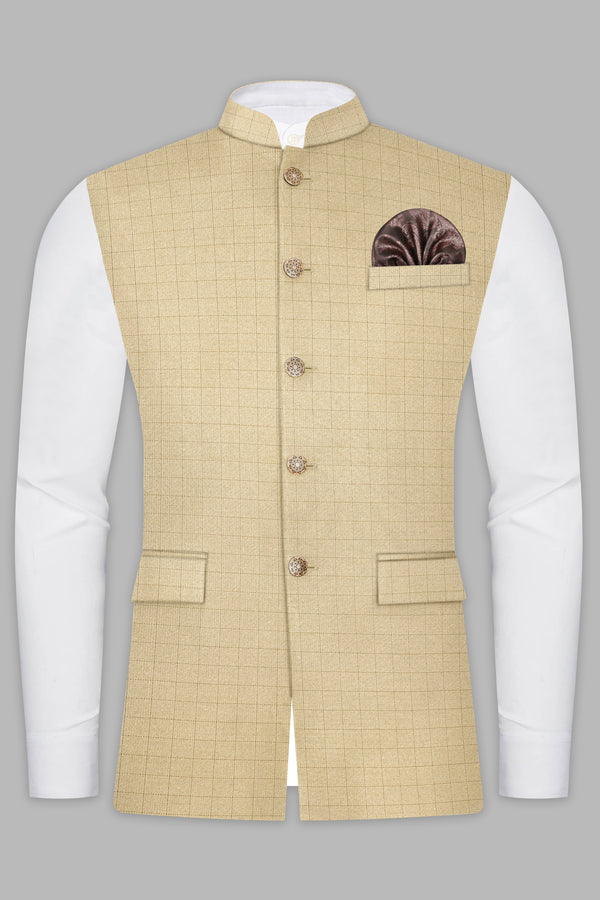 Pavlova Brown with Taupe Brown Checkered Dobby Wool Rich Nehru Jacket