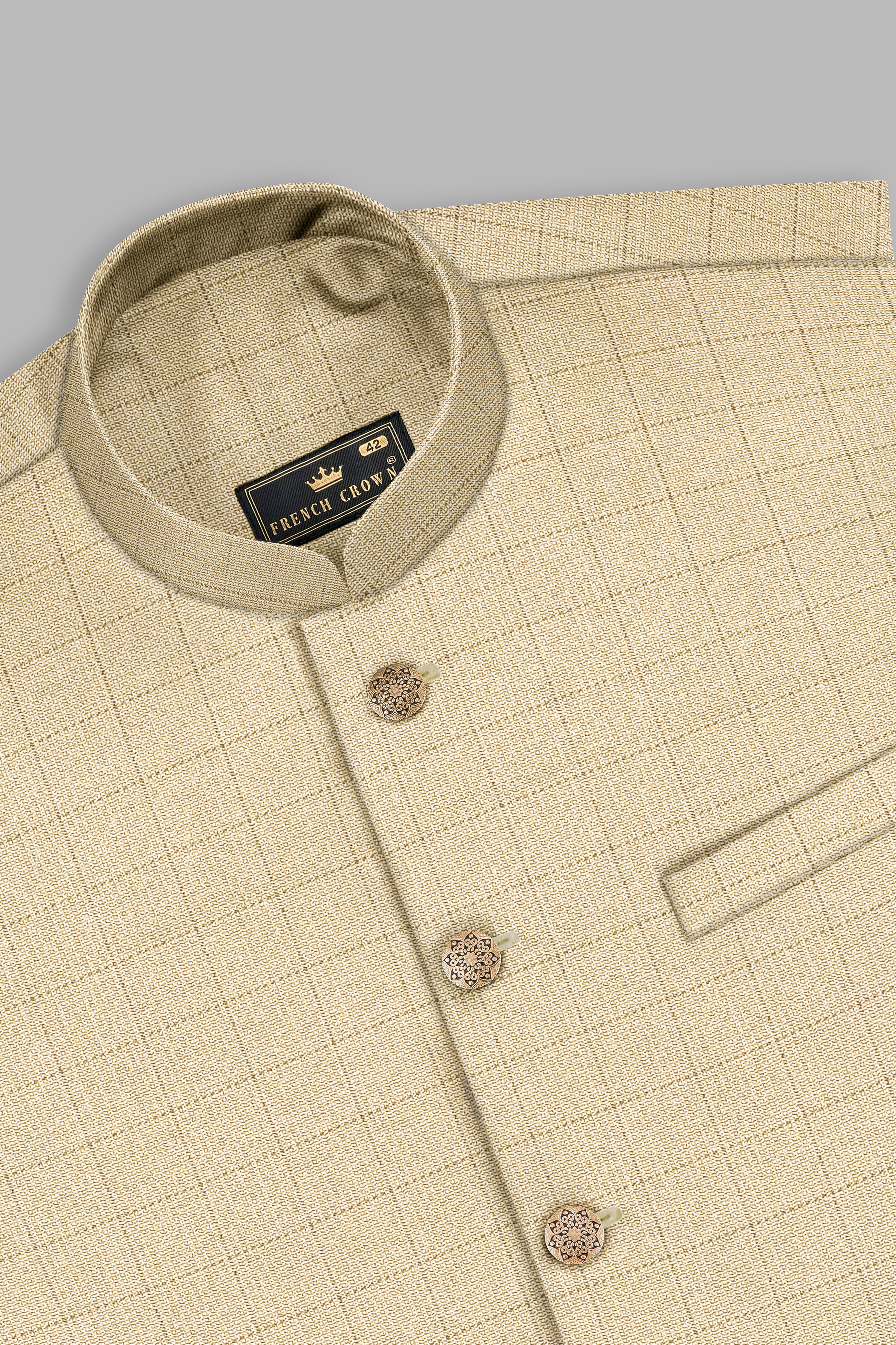 Pavlova Brown with Taupe Brown Checkered Dobby Wool Rich Nehru Jacket