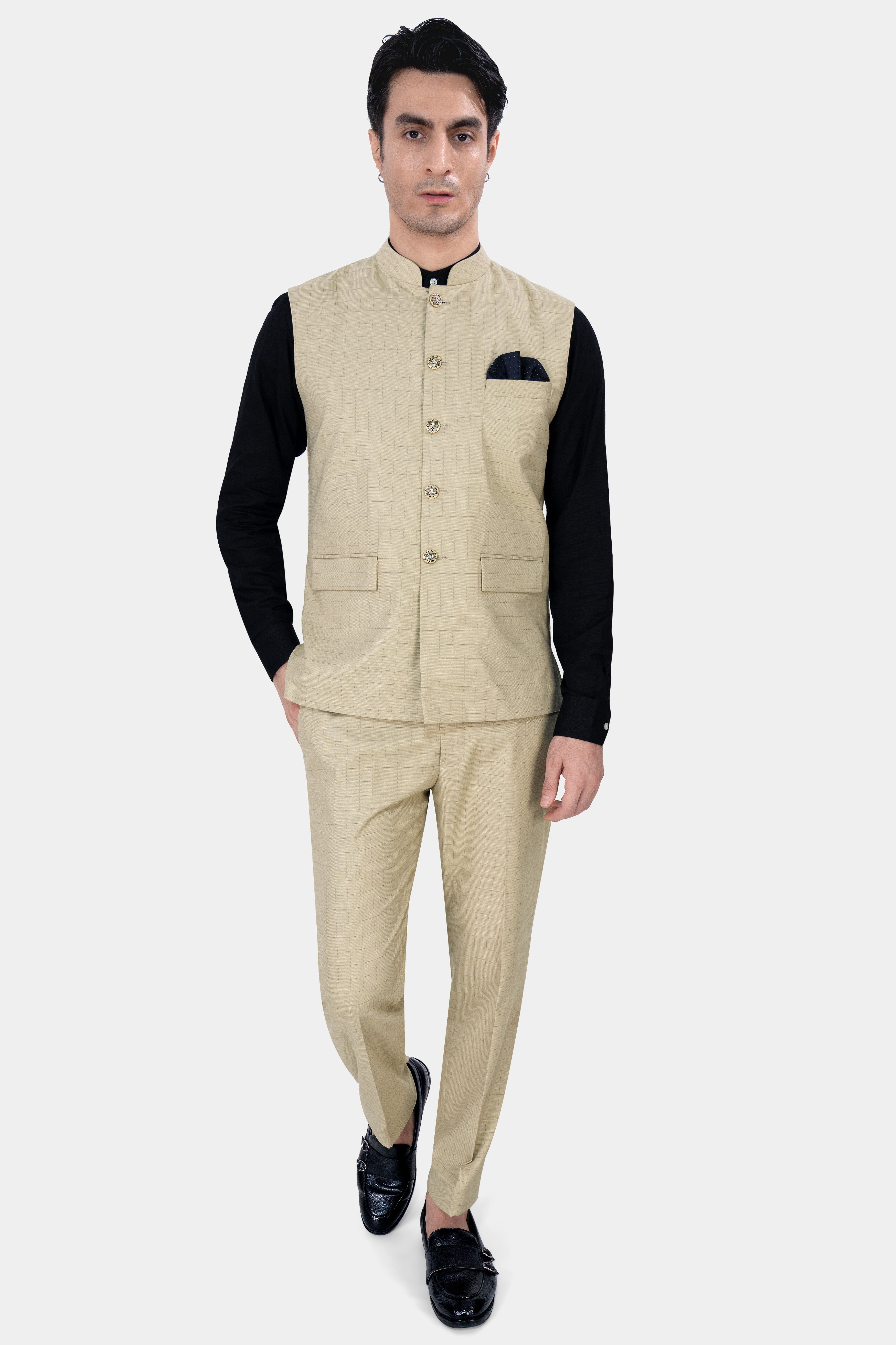Pavlova Brown with Taupe Brown Checkered Dobby Wool Rich Nehru Jacket WC2878-36, WC2878-38, WC2878-40, WC2878-42, WC2878-44, WC2878-46, WC2878-48, WC2878-50, WC2878-52, WC2878-54, WC2878-56, WC2878-58, WC2878-60
