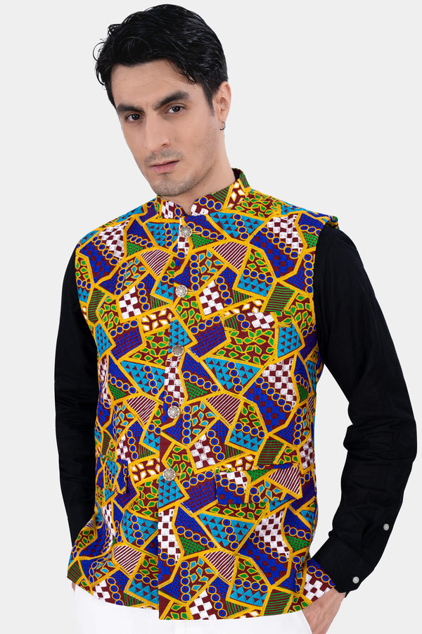 Amber Yellow with Cobalt Blue Multicolour Cotton Thread Embroidered Nehru Jacket