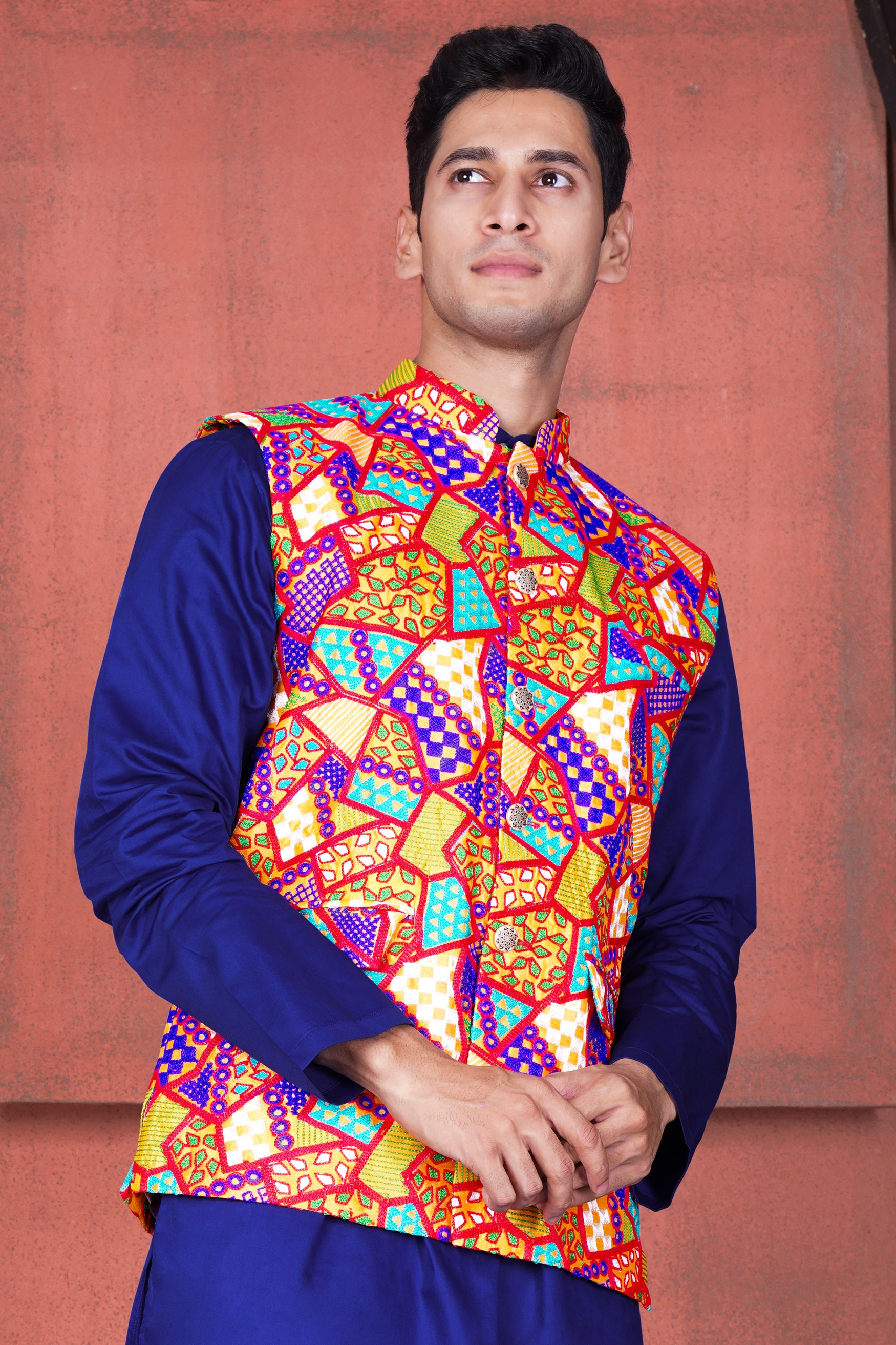 Carmine Red with Amber Yellow Multicolour Cotton Thread Embroidered Designer Nehru Jacket