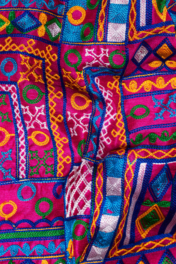 Fuchsia Pink and Smalt Blue Multicolour Cotton Thread Embroidered Nehru Jacket