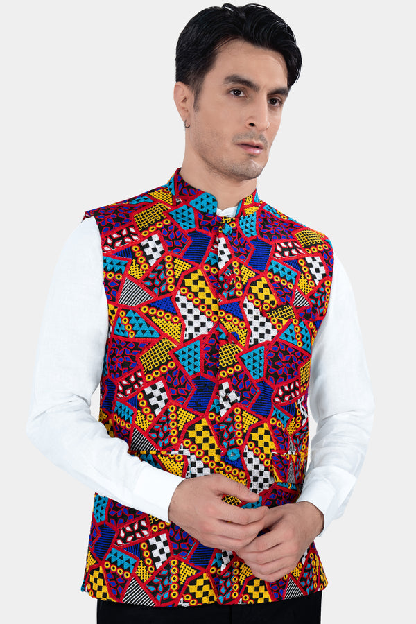 Canray Orange and Catalina Blue Multicolour Cotton Thread Embroidered Nehru Jacket