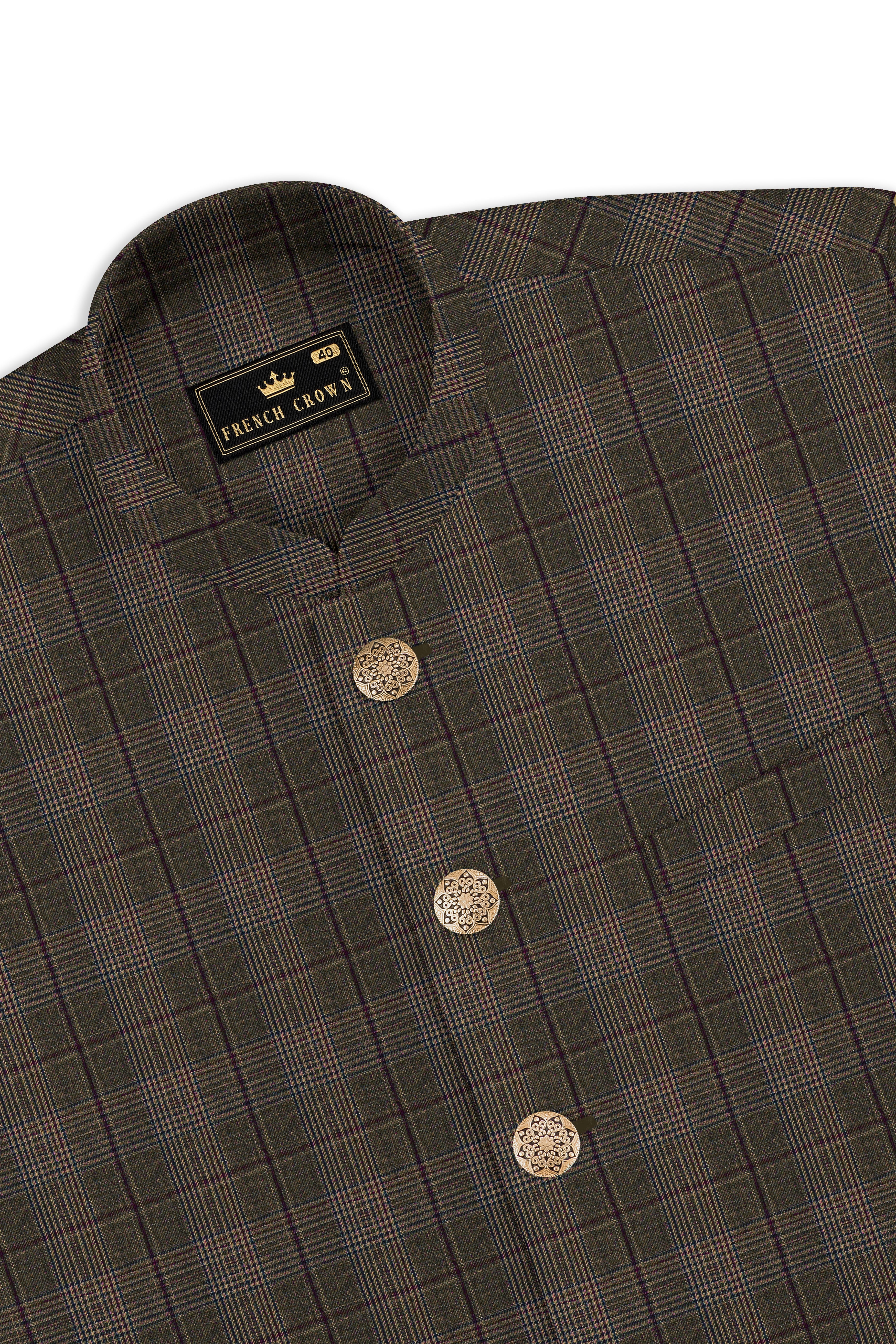 Fuscous Gray and Bistre Brown Plaid Wool Rich Nehru Jacket