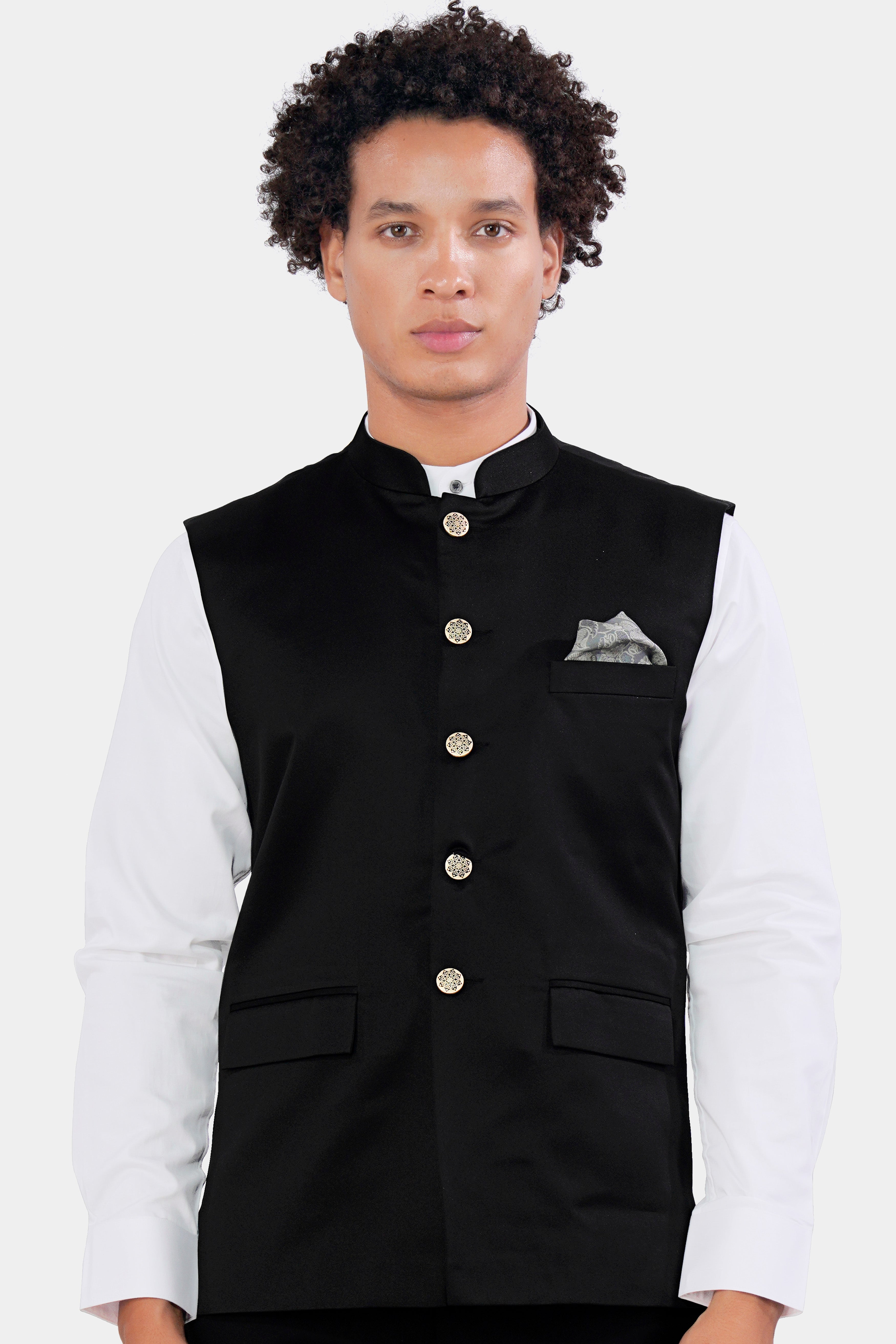 Jade Black Wool Rich Nehru Jacket WC2957-36, WC2957-38, WC2957-40, WC2957-42, WC2957-44, WC2957-46, WC2957-48, WC2957-50, WC2957-52, WC2957-54, WC2957-56, WC2957-58, WC2957-60