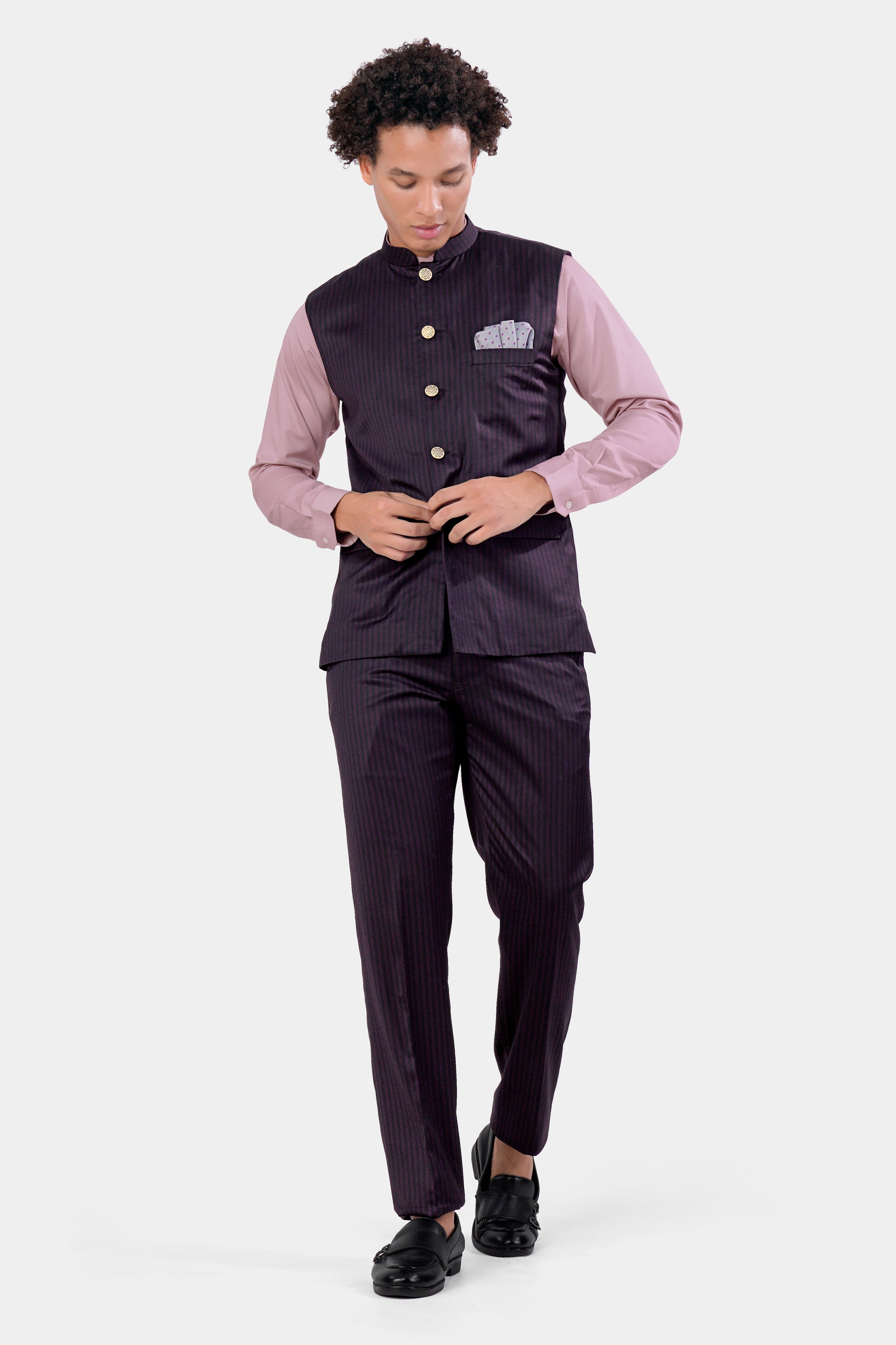 Bleached Purple Striped and Antique Brown Wool Rich Nehru Jacket WC2962-36, WC2962-38, WC2962-40, WC2962-42, WC2962-44, WC2962-46, WC2962-48, WC2962-50, WC2962-52, WC2962-54, WC2962-56, WC2962-58, WC2962-60