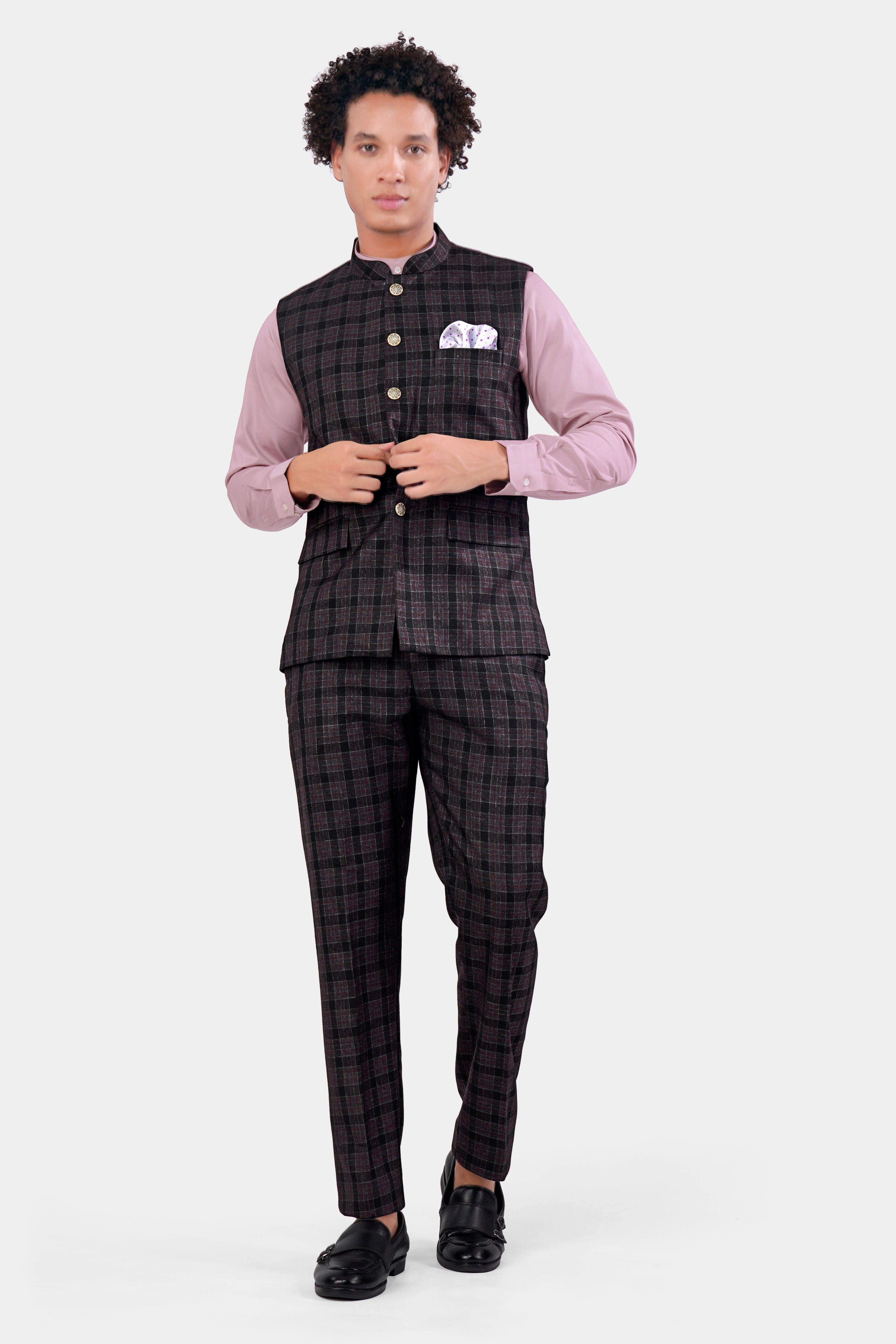 Byzantium Pink and Black Tweed Plaid Nehru Jacket WC2963-36, WC2963-38, WC2963-40, WC2963-42, WC2963-44, WC2963-46, WC2963-48, WC2963-50, WC2963-52, WC2963-54, WC2963-56, WC2963-58, WC2963-60