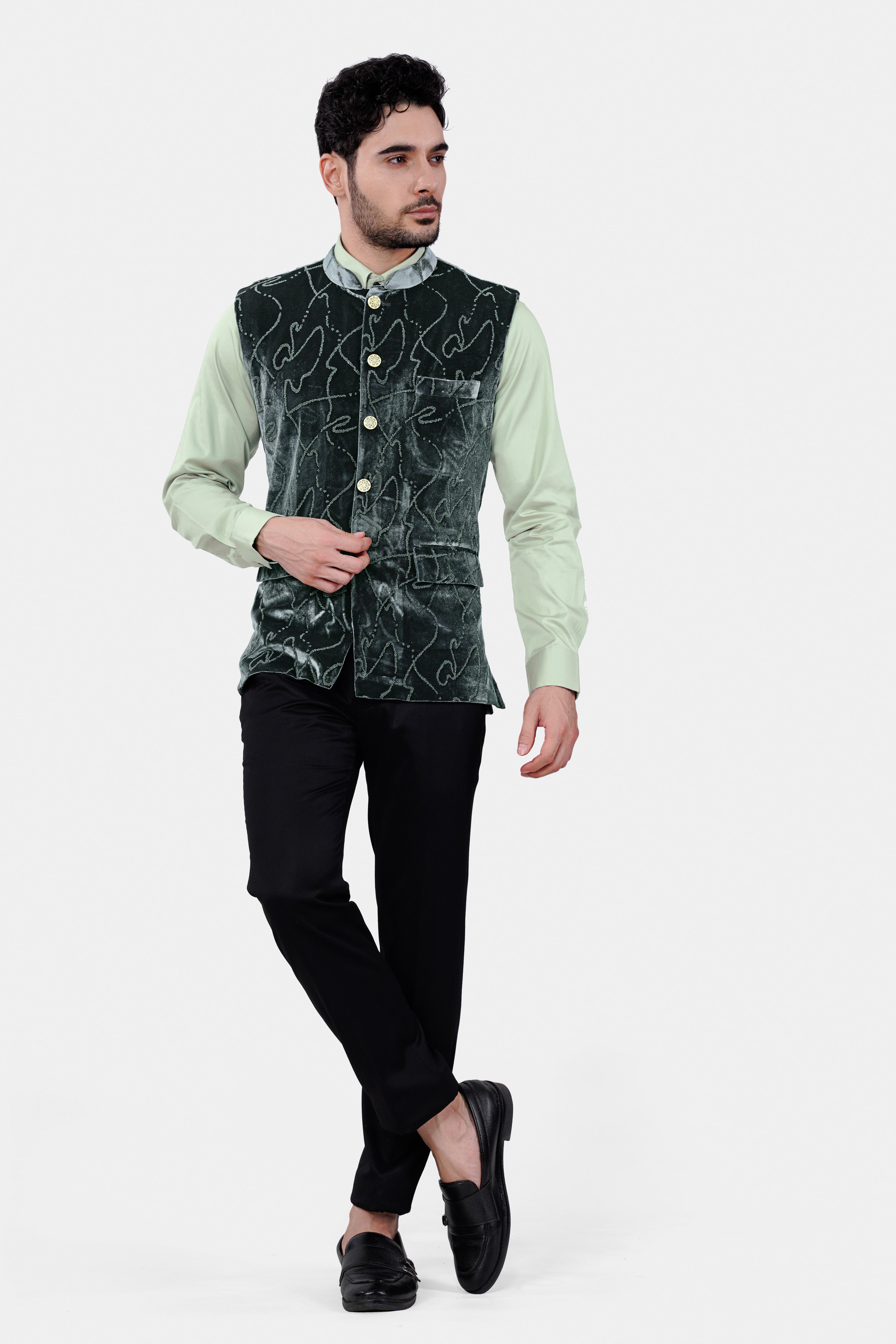 Kombu Green Stonework Velvet Designer Nehru Jacket WC3047-36, WC3047-38, WC3047-40, WC3047-42, WC3047-44, WC3047-46, WC3047-48, WC3047-50, WC3047-52, WC3047-54, WC3047-56, WC3047-58, WC3047-60