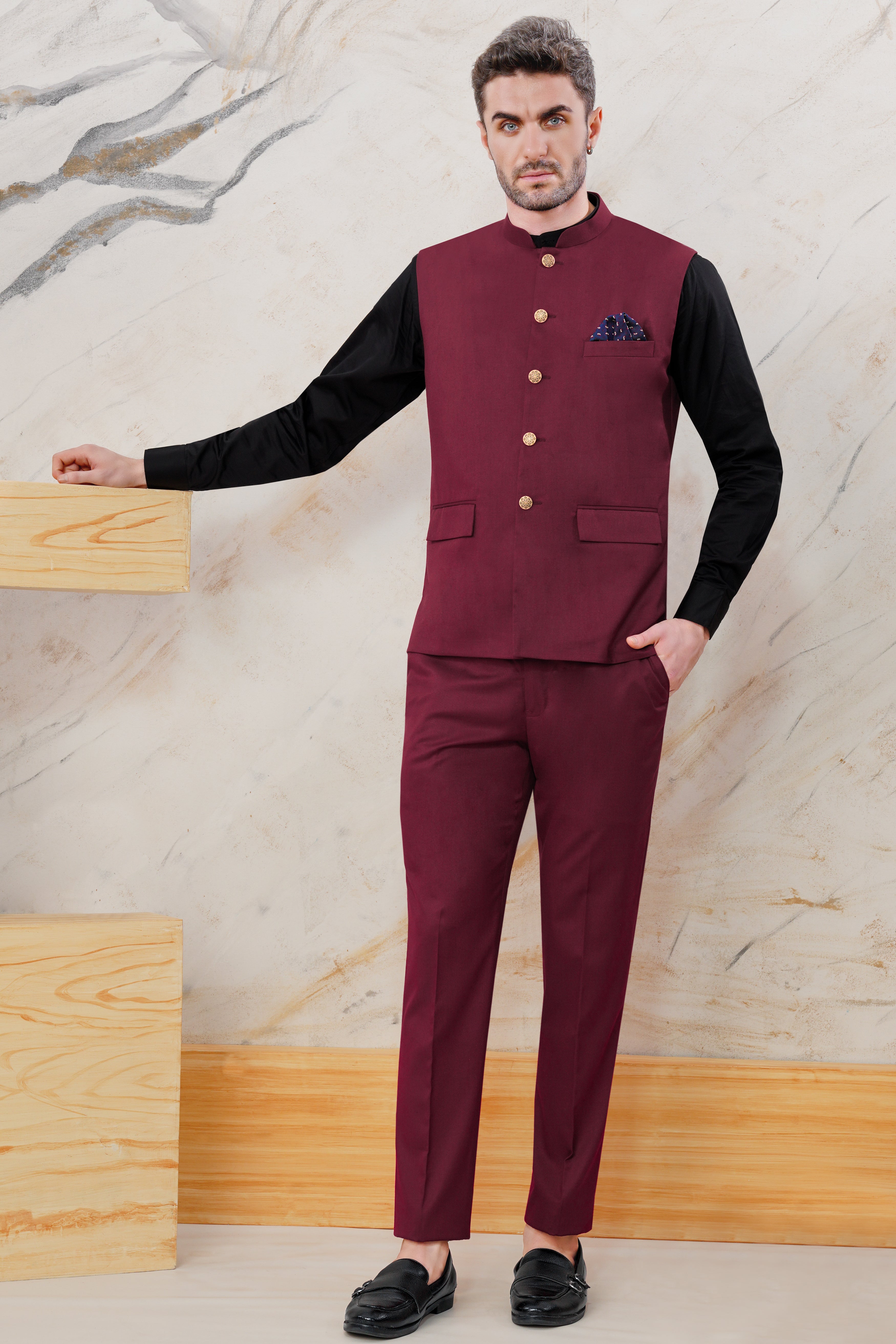 Bordeaux Maroon Wool Rich Nehru Jacket WC3050-36, WC3050-38, WC3050-40, WC3050-42, WC3050-44, WC3050-46, WC3050-48, WC3050-50, WC3050-52, WC3050-54, WC3050-56, WC3050-58, WC3050-60