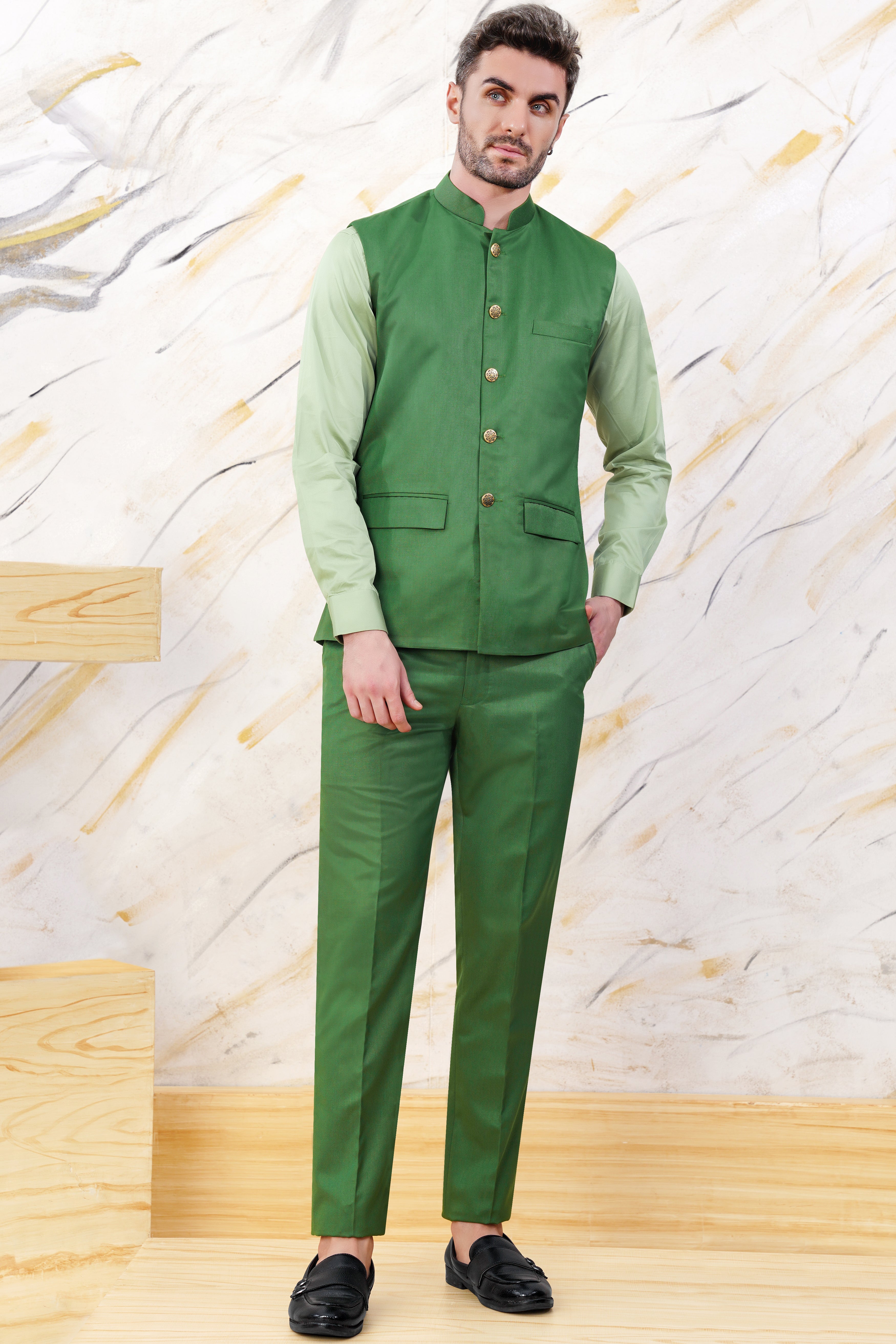 Como Green Wool Rich Nehru Jacket WC3065-36, WC3065-38, WC3065-40, WC3065-42, WC3065-44, WC3065-46, WC3065-48, WC3065-50, WC3065-52, WC3065-54, WC3065-56, WC3065-58, WC3065-60