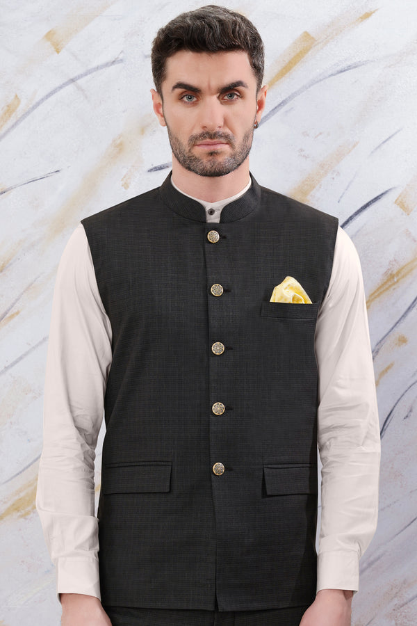 Zeus Black Subtle Checkered Wool Rich Nehru Jacket