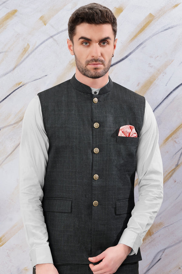 Iridium Gray Subtle Checkered Wool Rich Bandhgala Nehru Jacket