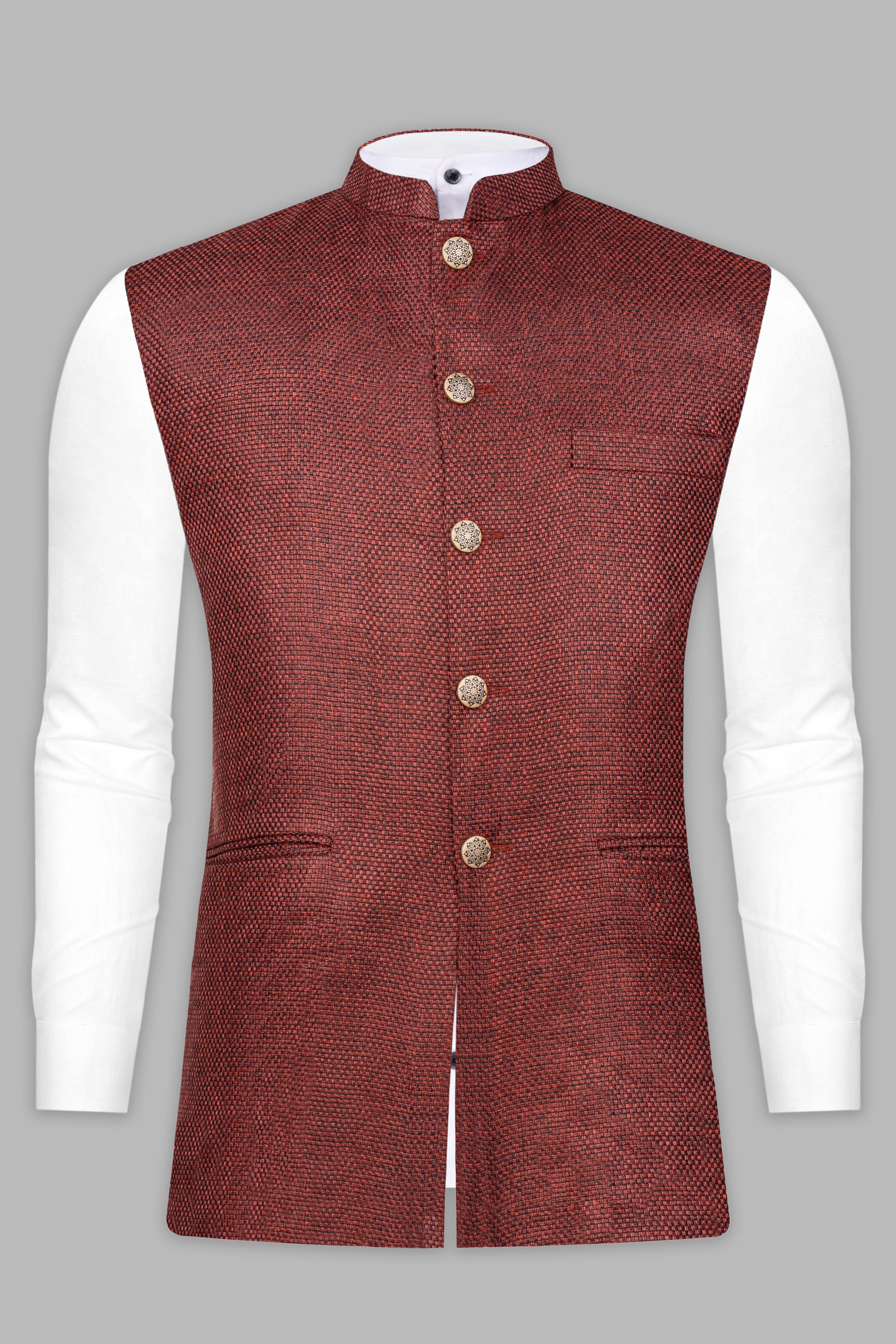 Merlot Red Textured Nehru Jacket