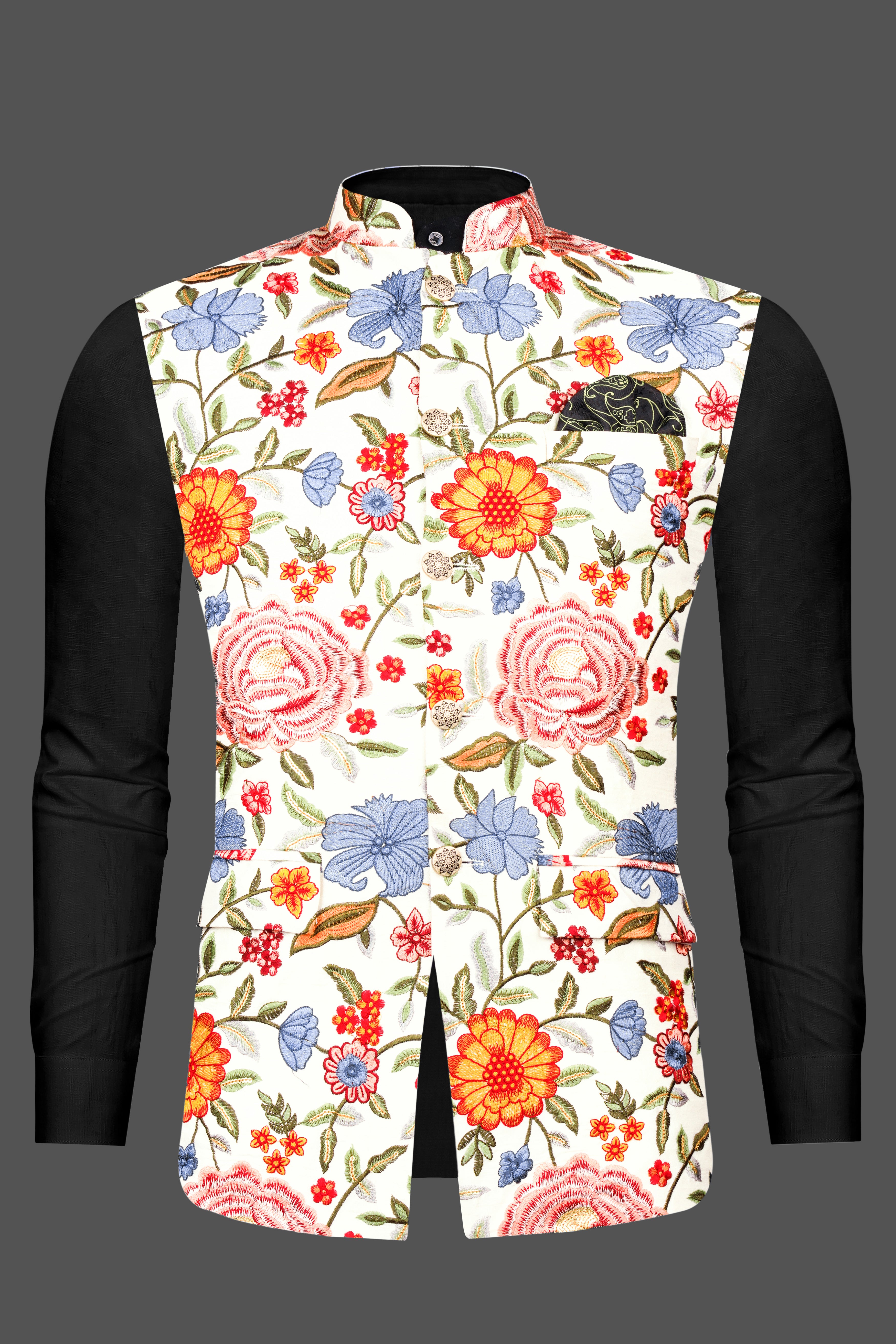 Bright White Multi Color Floral Cotton Thread Embroidered Nehru Jacket