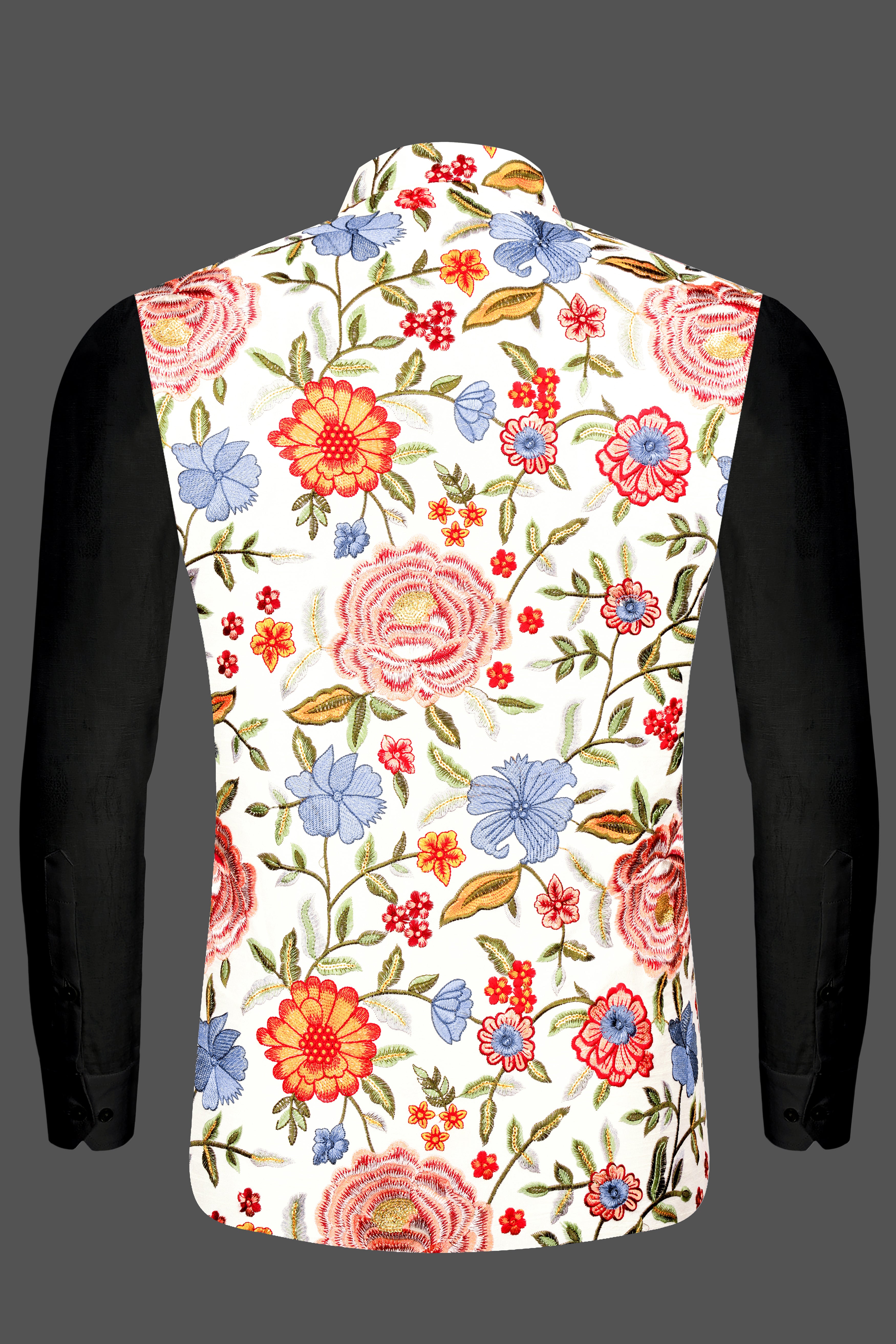 Bright White Multi Color Floral Cotton Thread Embroidered Nehru Jacket