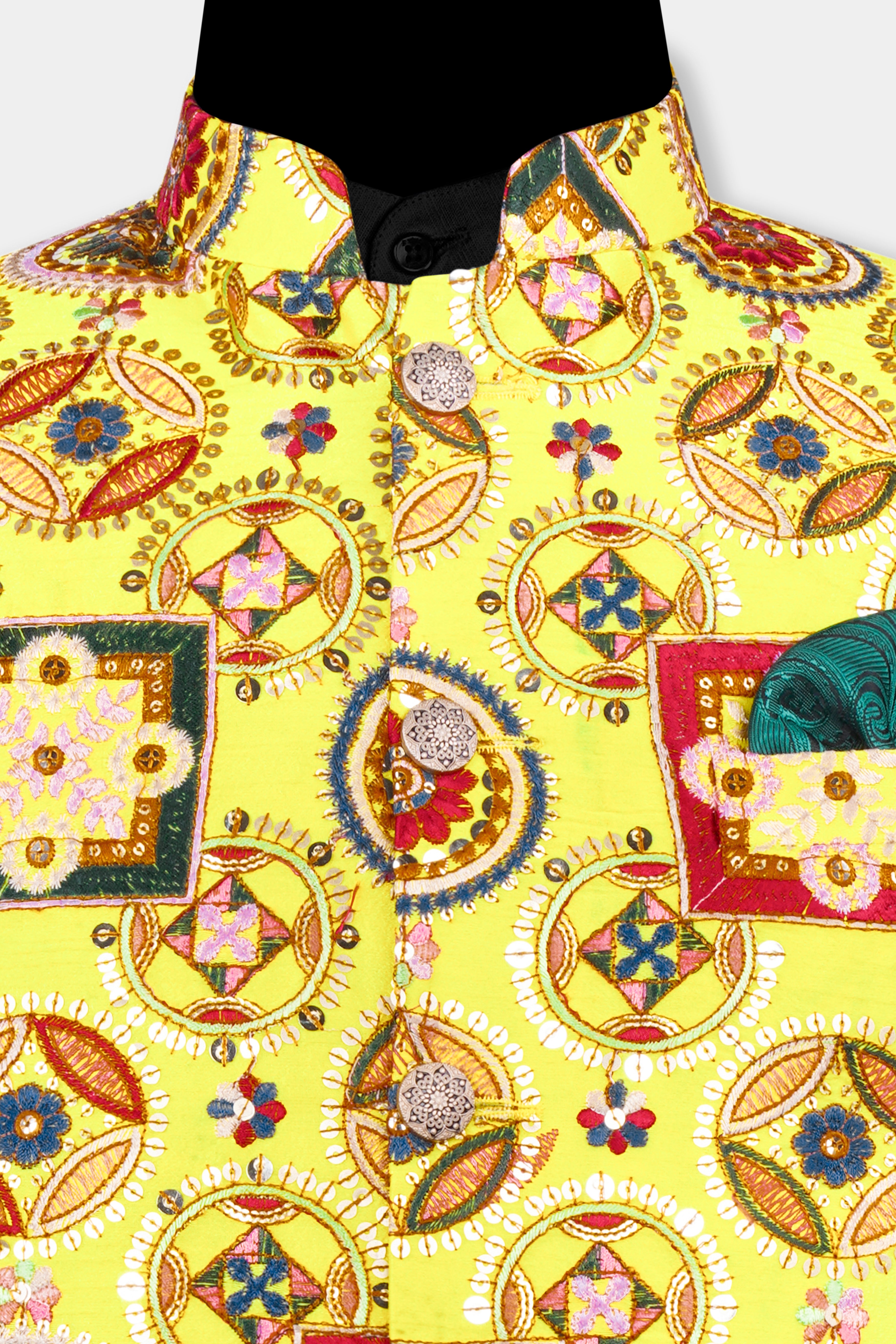 Custard Yellow Multicolour Cotton Thread Embroidered Designer Nehru Jacket