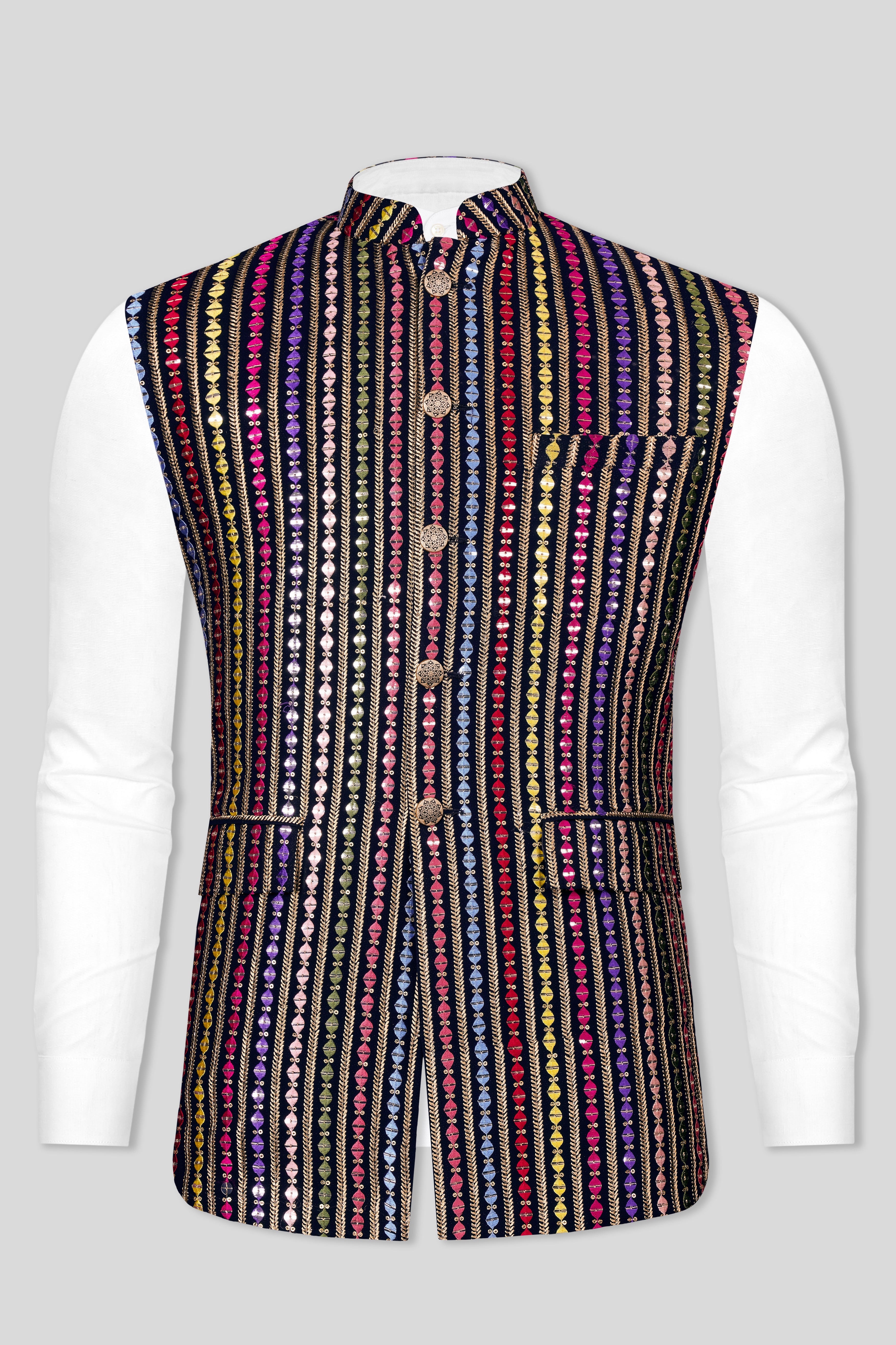 Ebony Blue and Cerise Pink Vertical Thread and Sequin Embroidered Designer Nehru Jacket