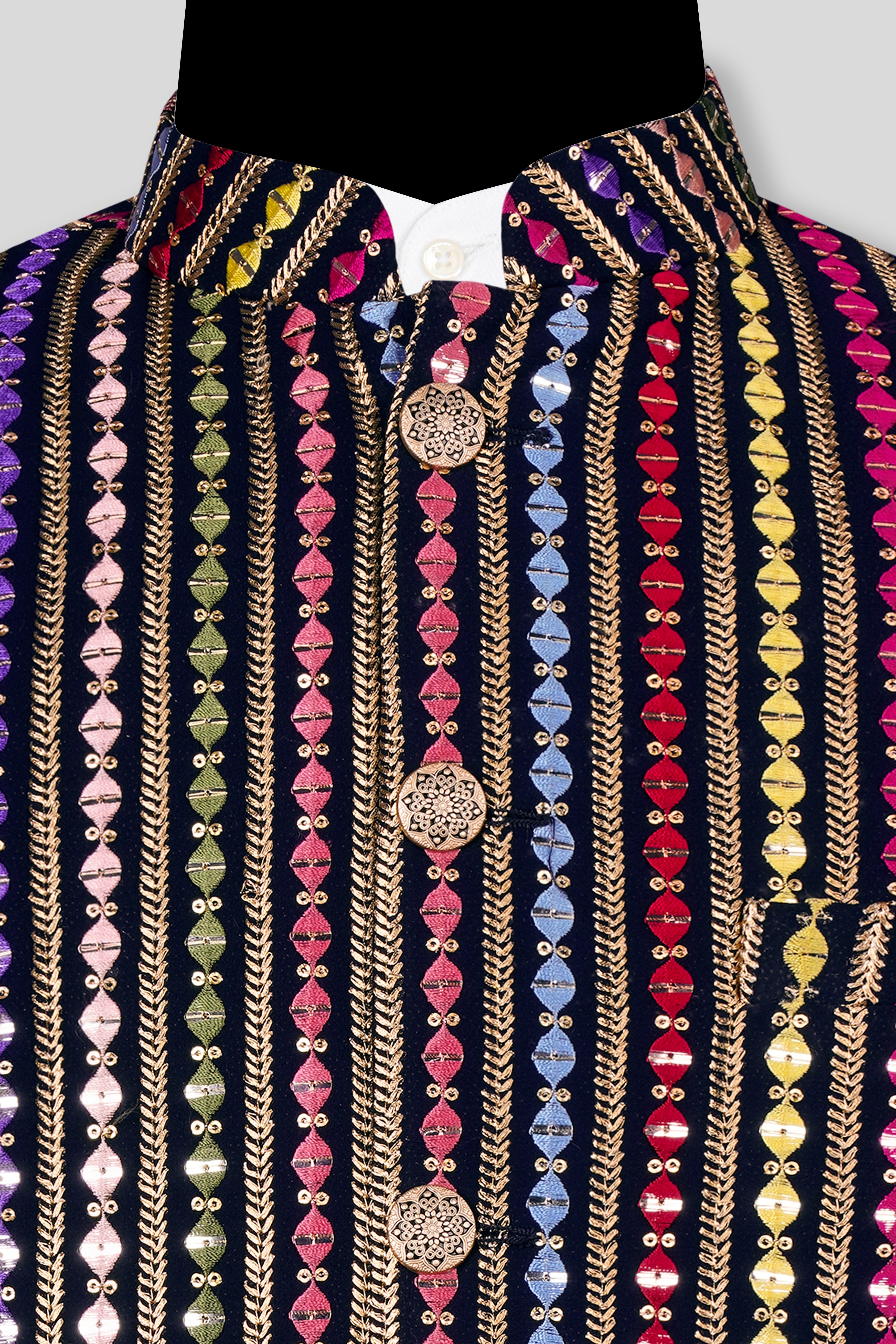 Ebony Blue and Cerise Pink Vertical Thread and Sequin Embroidered Designer Nehru Jacket