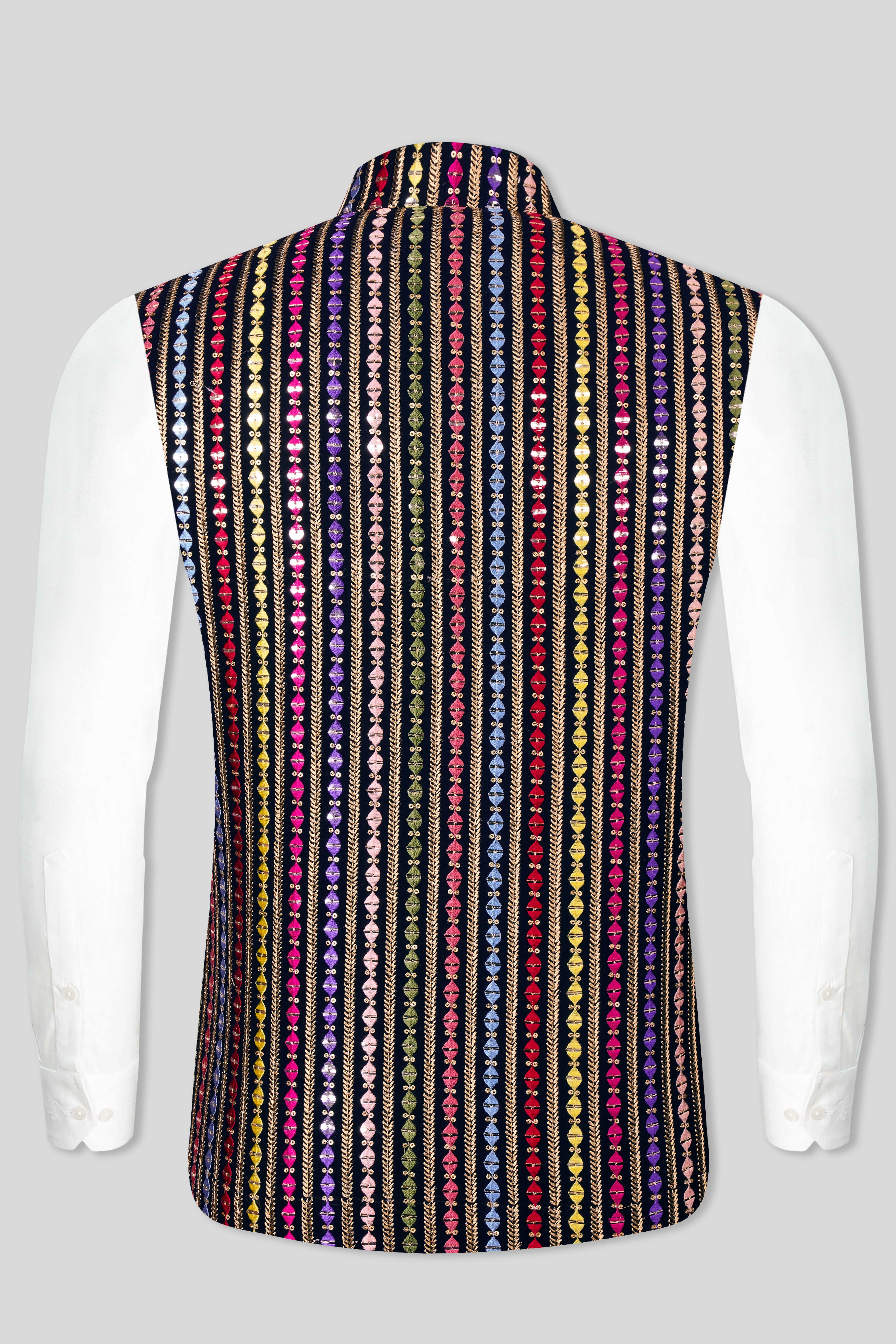 Ebony Blue and Cerise Pink Vertical Thread and Sequin Embroidered Designer Nehru Jacket