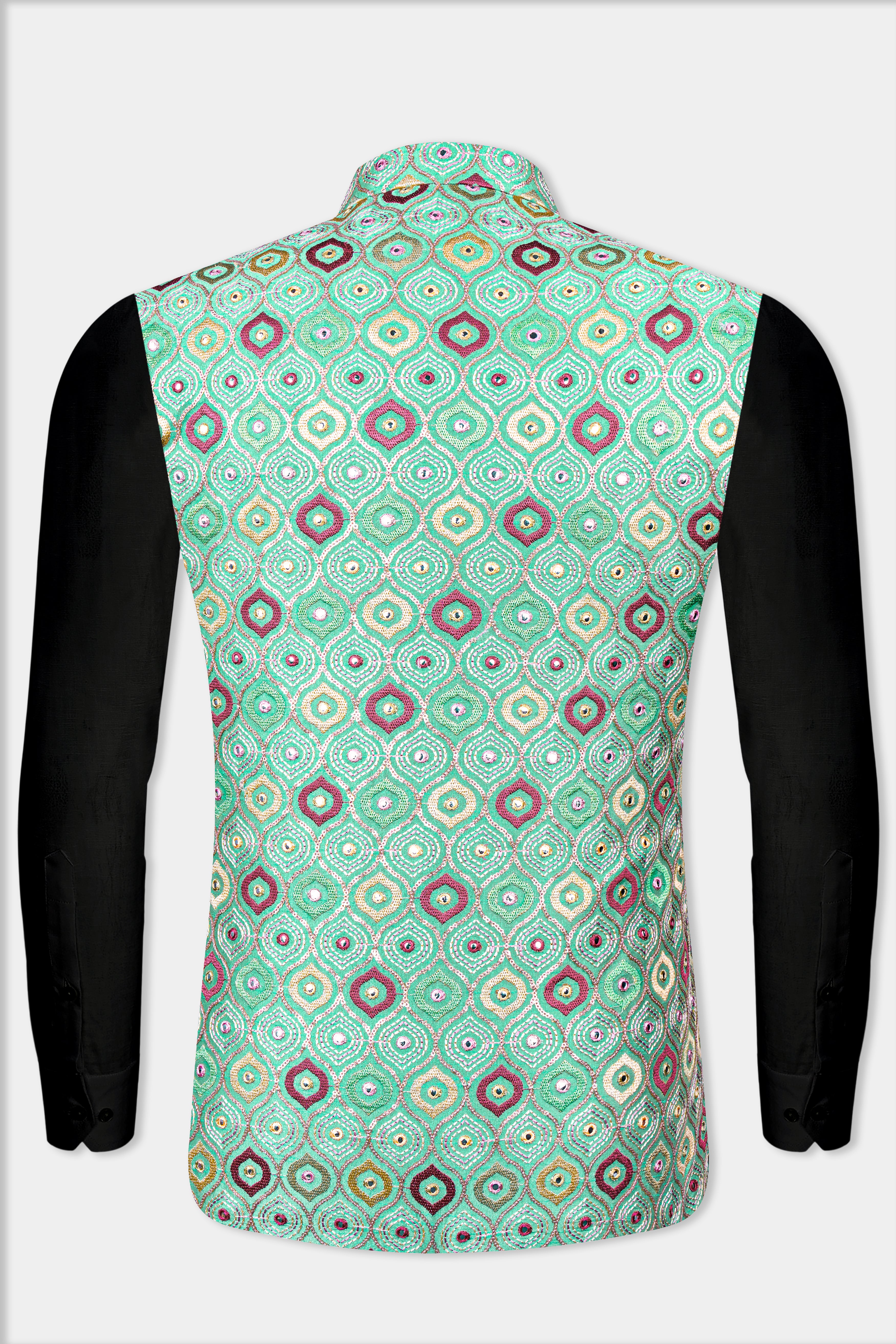Bermuda Green and Charm Pink Ogee Cotton Thread Embroidered Designer Nehru Jacket