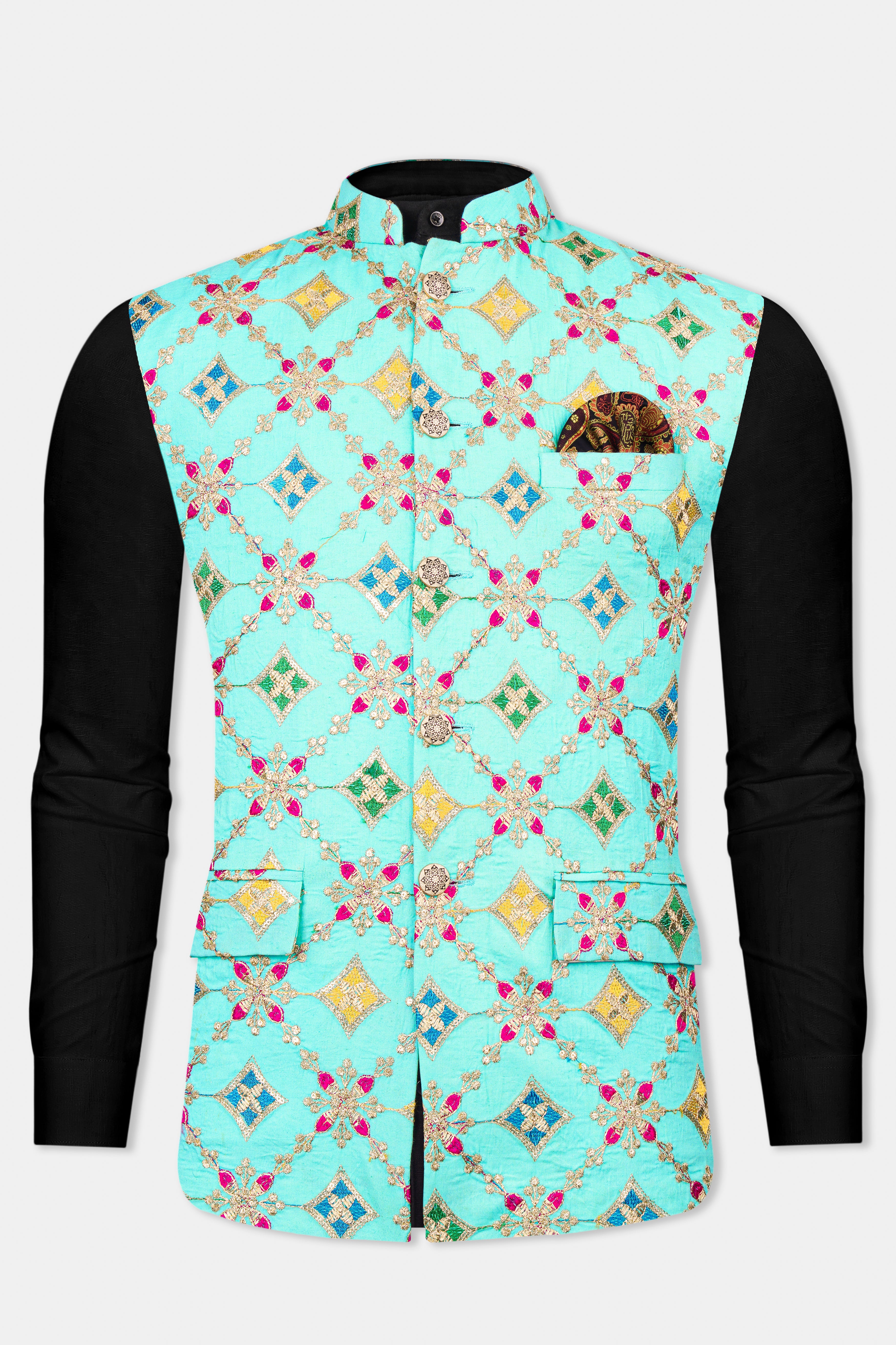 Cyan Blue and Charm Pink Geometric Cotton Thread Embroidered Designer Nehru Jacket