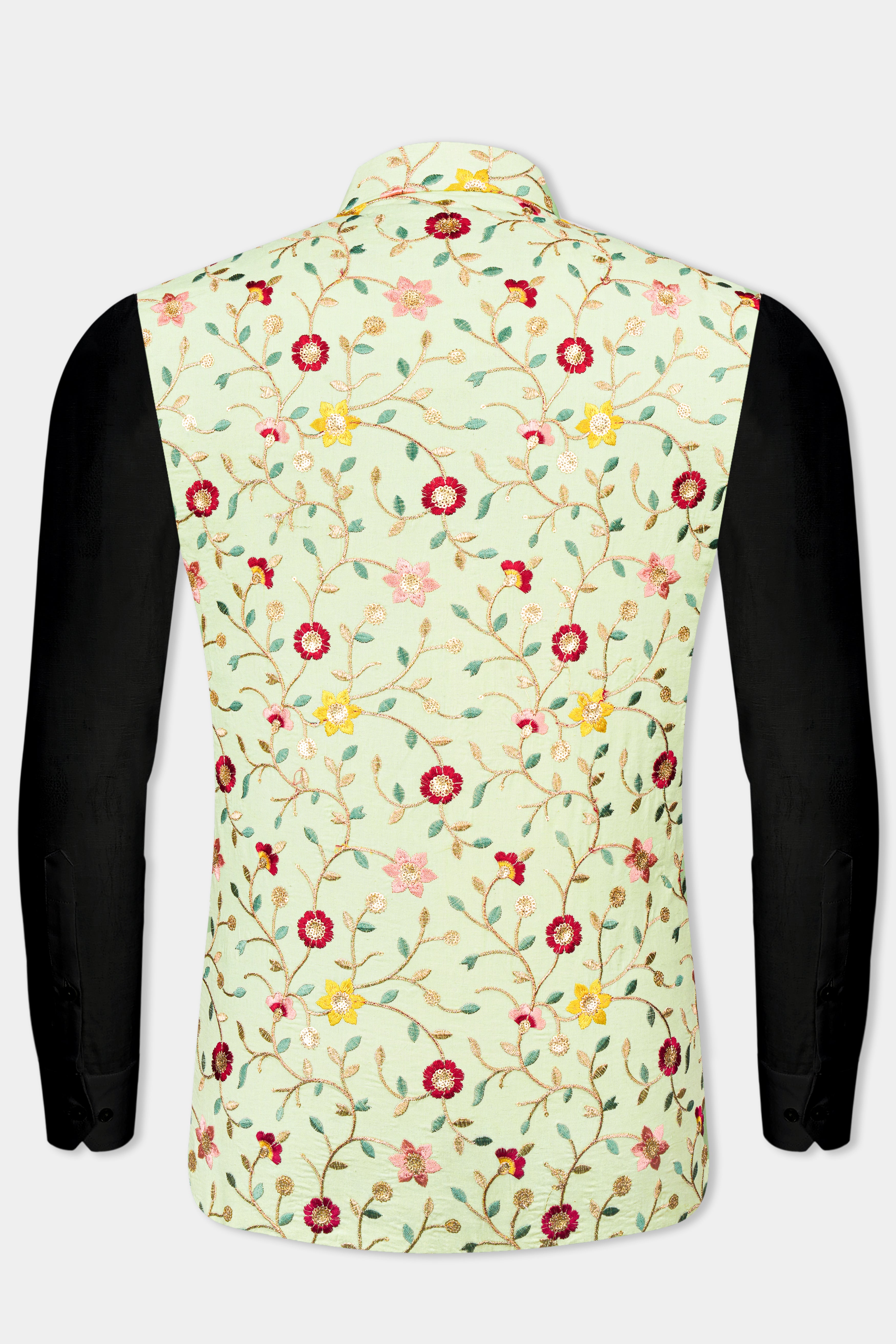 Hampton Green and Beryl Red Floral Multicolour Cotton Thread Embroidered Designer Nehru Jacket