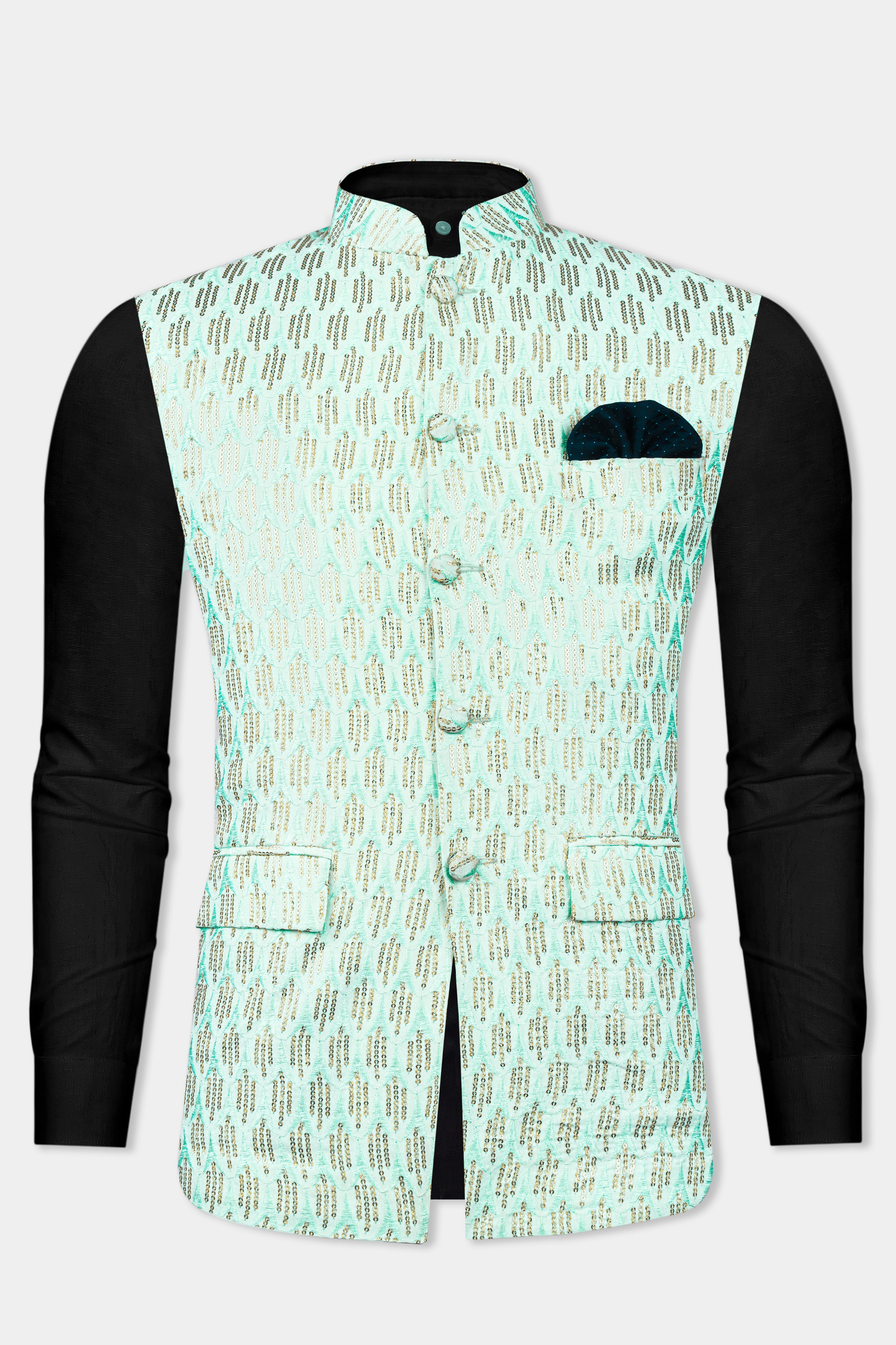 Edgewater Green Viscose Embroidered with Tikki Work Designer Nehru Jacket