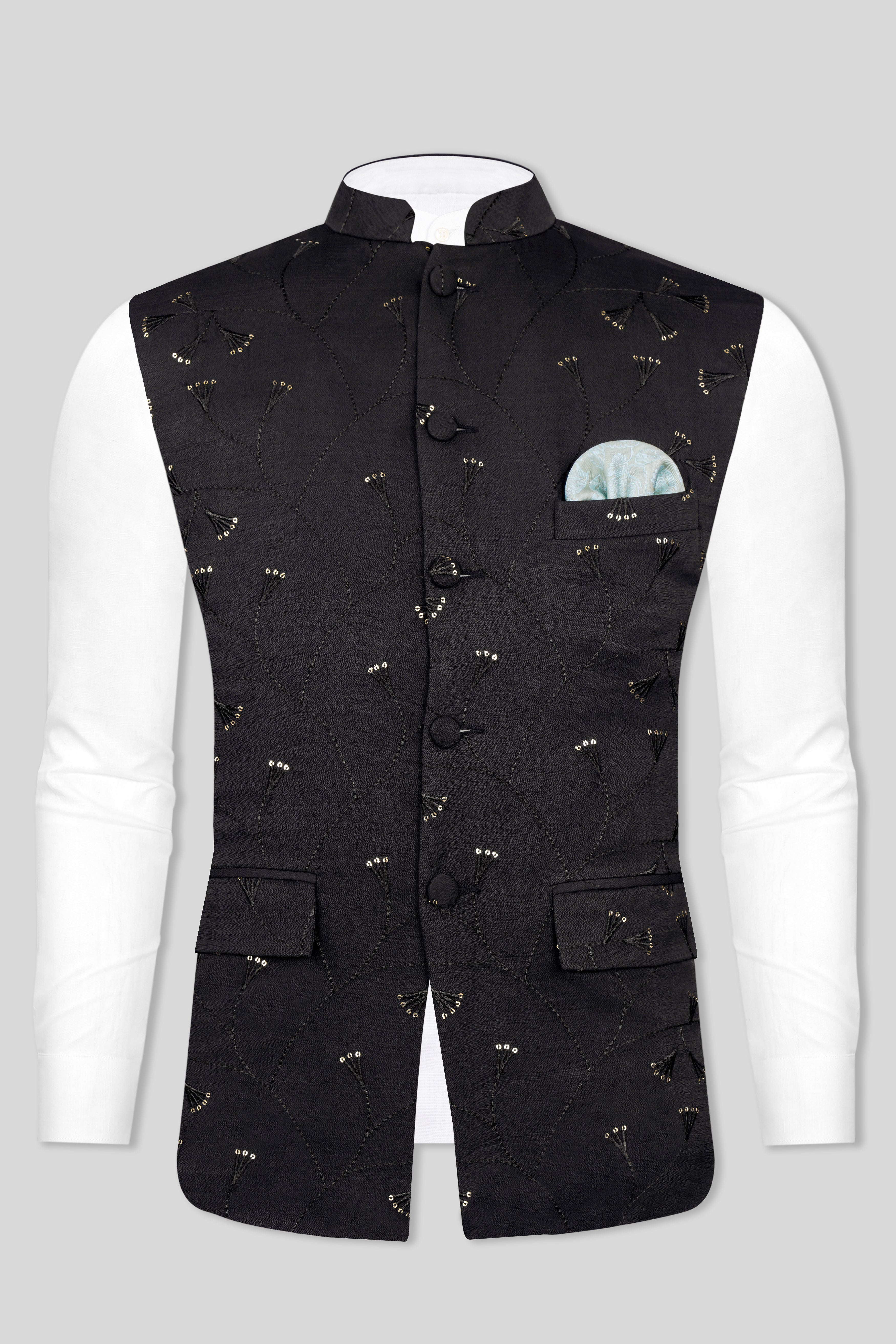 Jade Black Viscose Embroidered with Tikki Work Designer Nehru Jacket