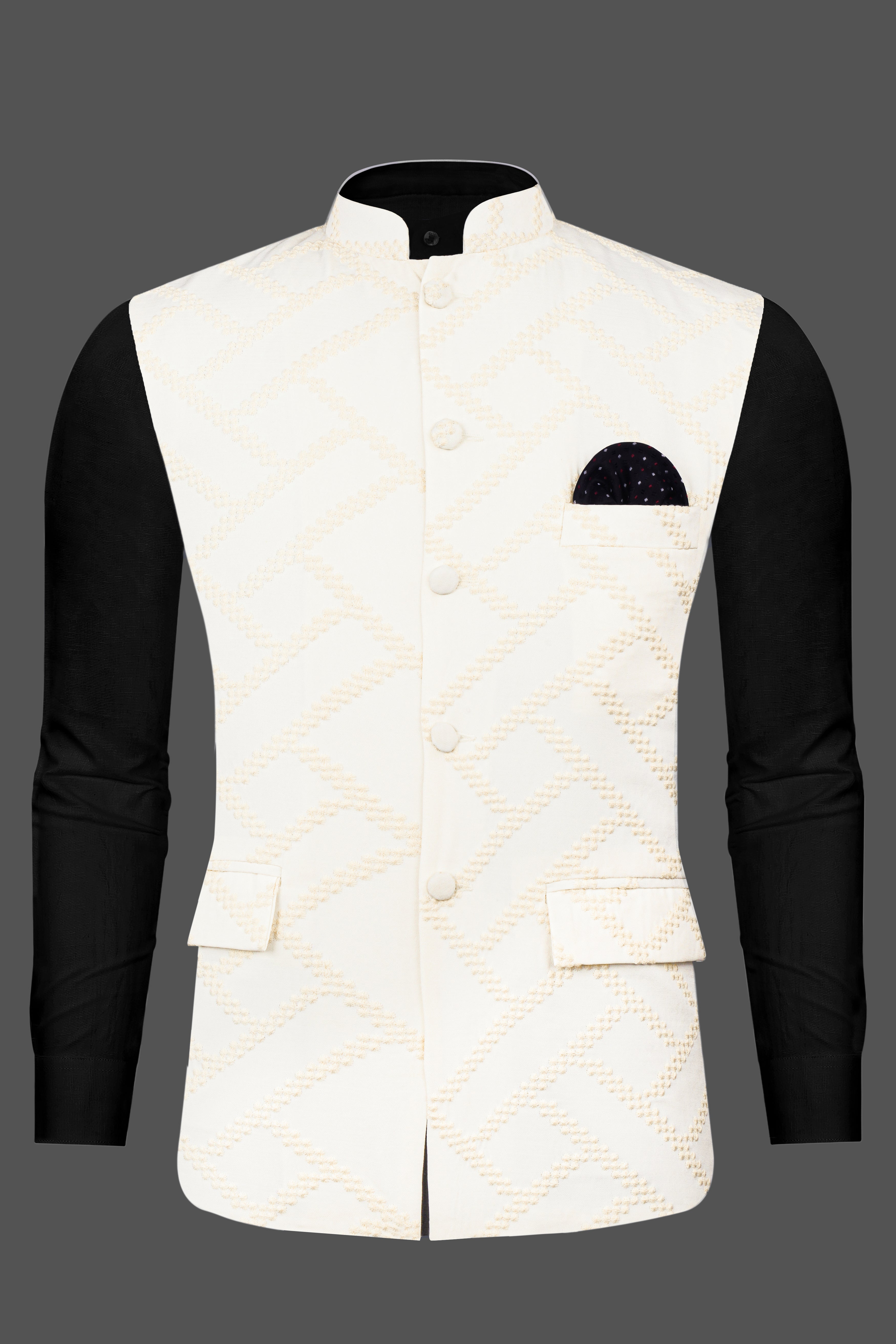 Albescent Cream Viscose Embroidered Designer Nehru Jacket