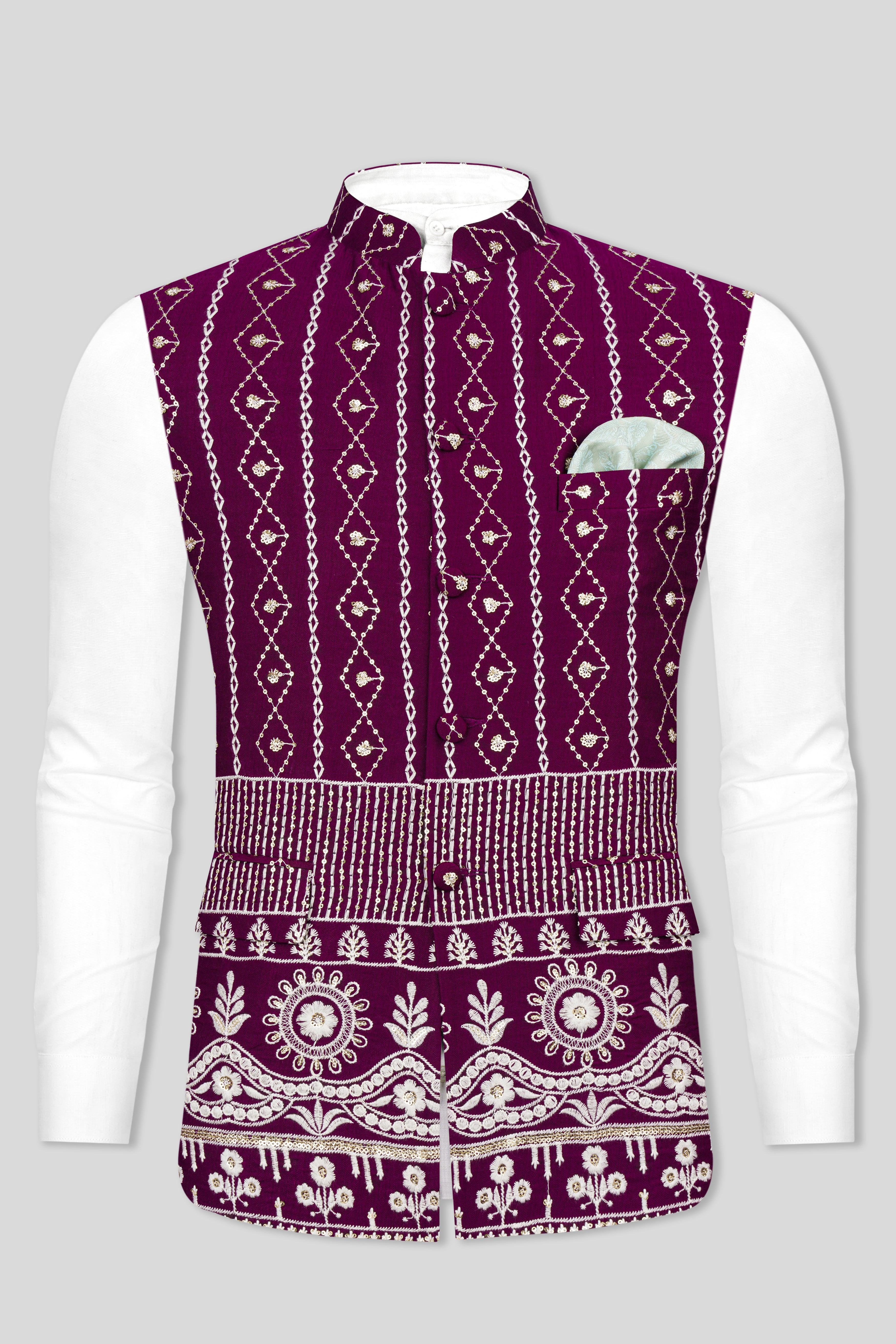 Pansy Purple Cotton Thread Embroidered Viscose Designer Nehru Jacket
