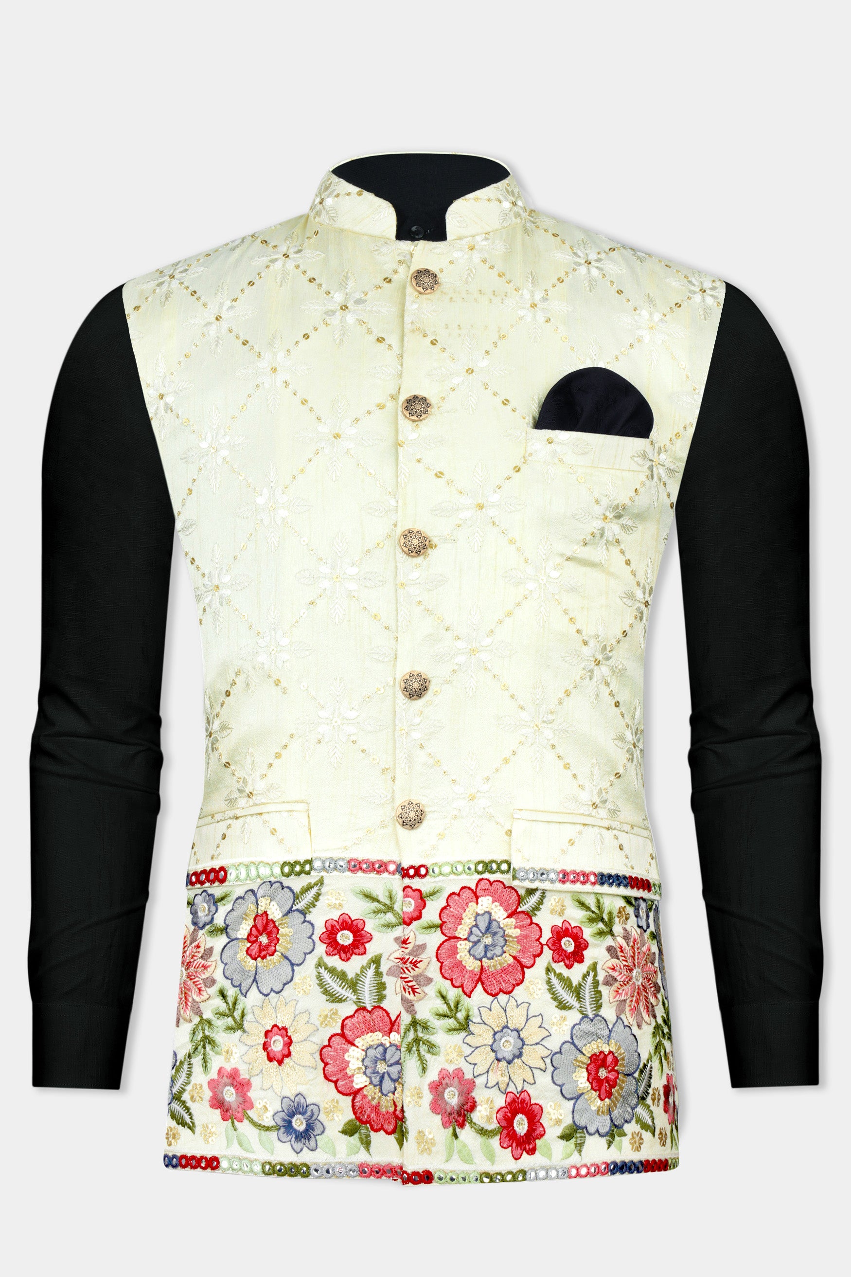 Merino Cream and Terra Pink Floral Cotton Thread Embroidered Designer Nehru Jacket