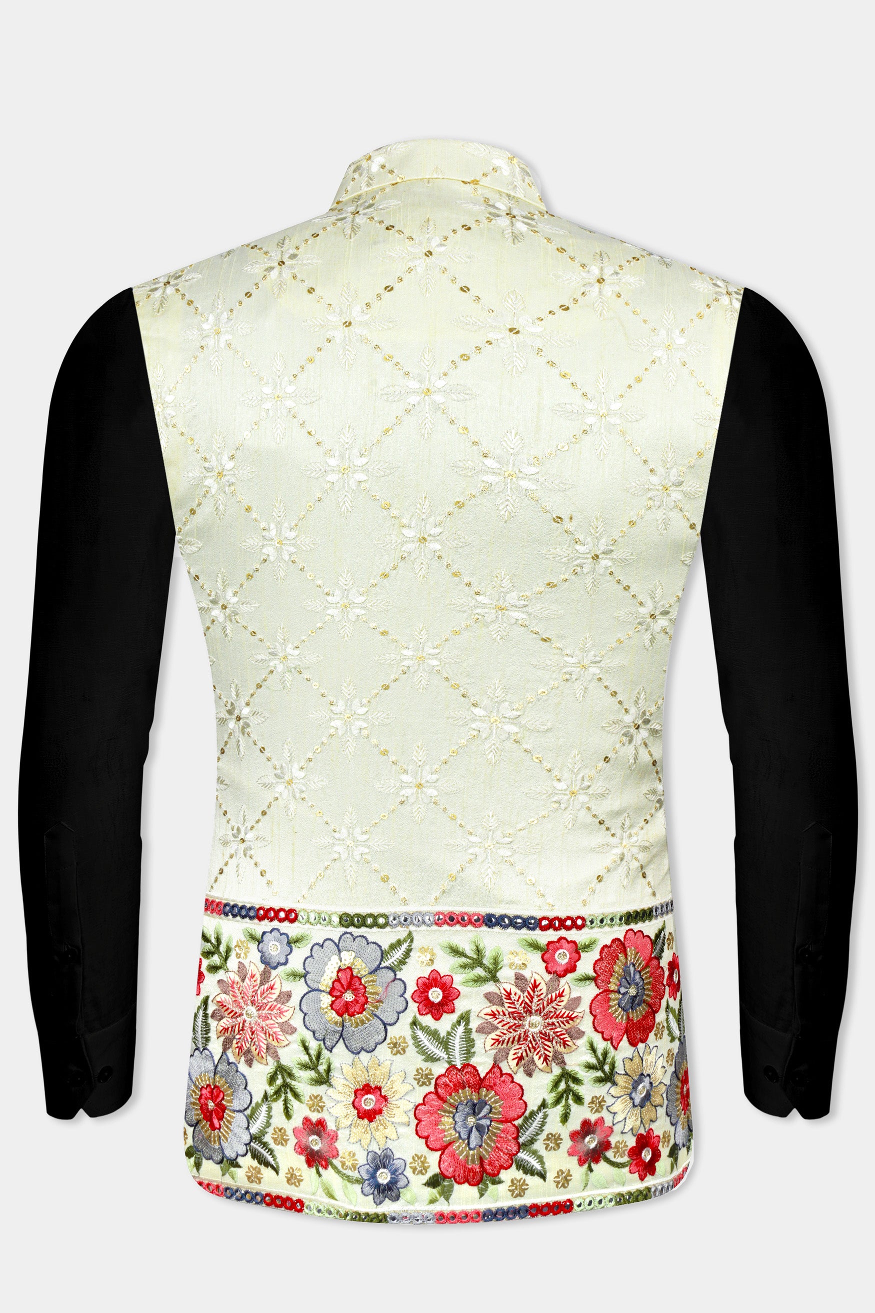 Merino Cream and Terra Pink Floral Cotton Thread Embroidered Designer Nehru Jacket