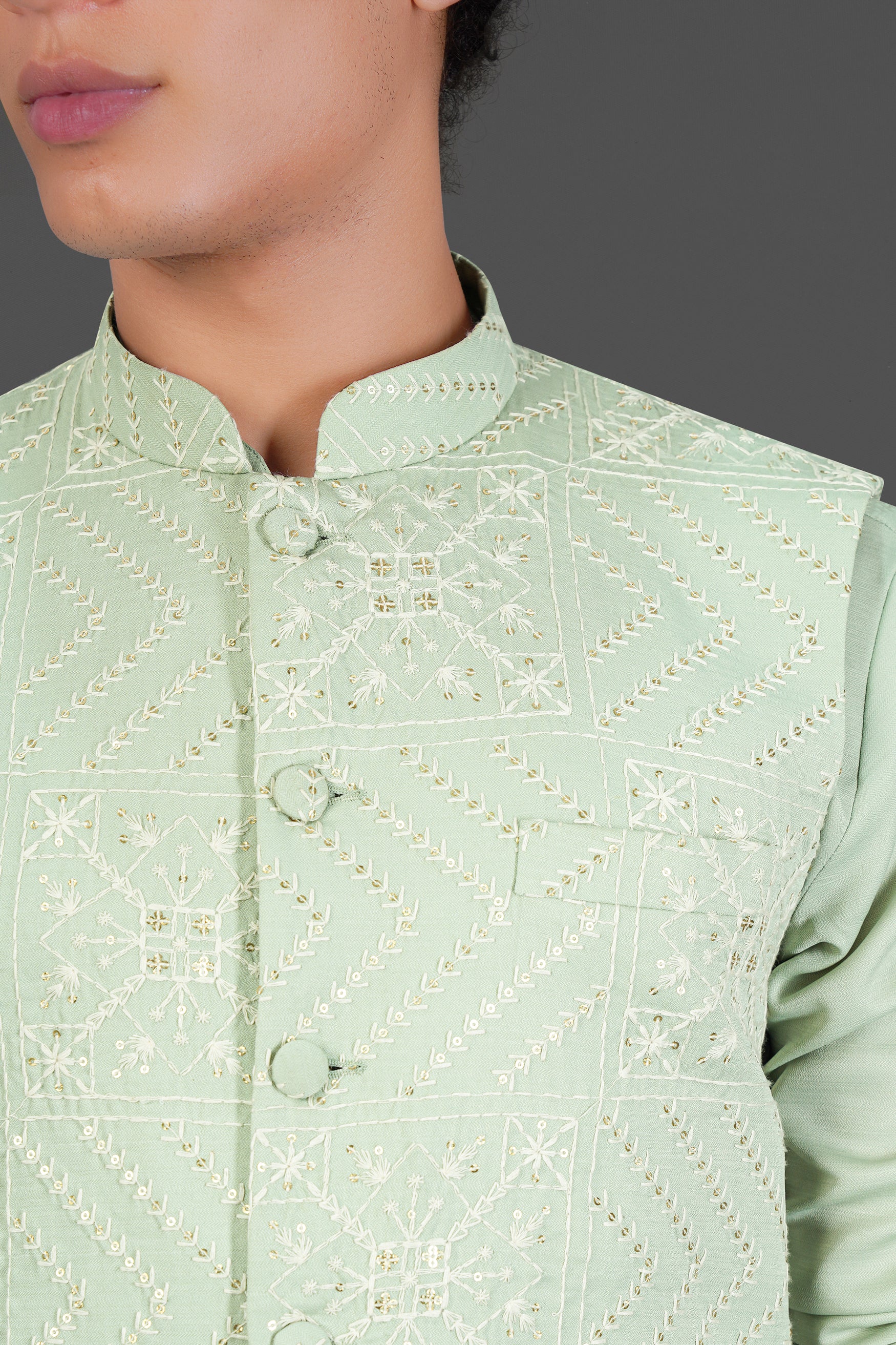 Rainee Green Thread and Sequin Embroidered Designer Viscose Nehru Jacket