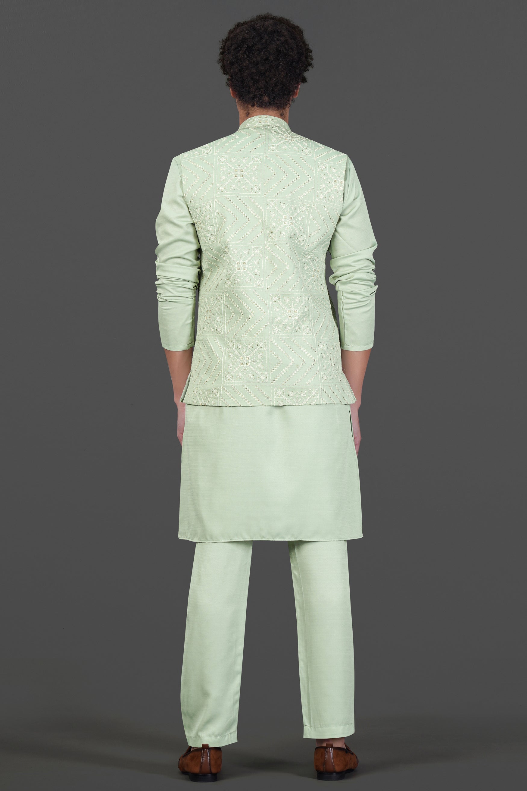 Rainee Green Thread and Sequin Embroidered Designer Viscose Nehru Jacket