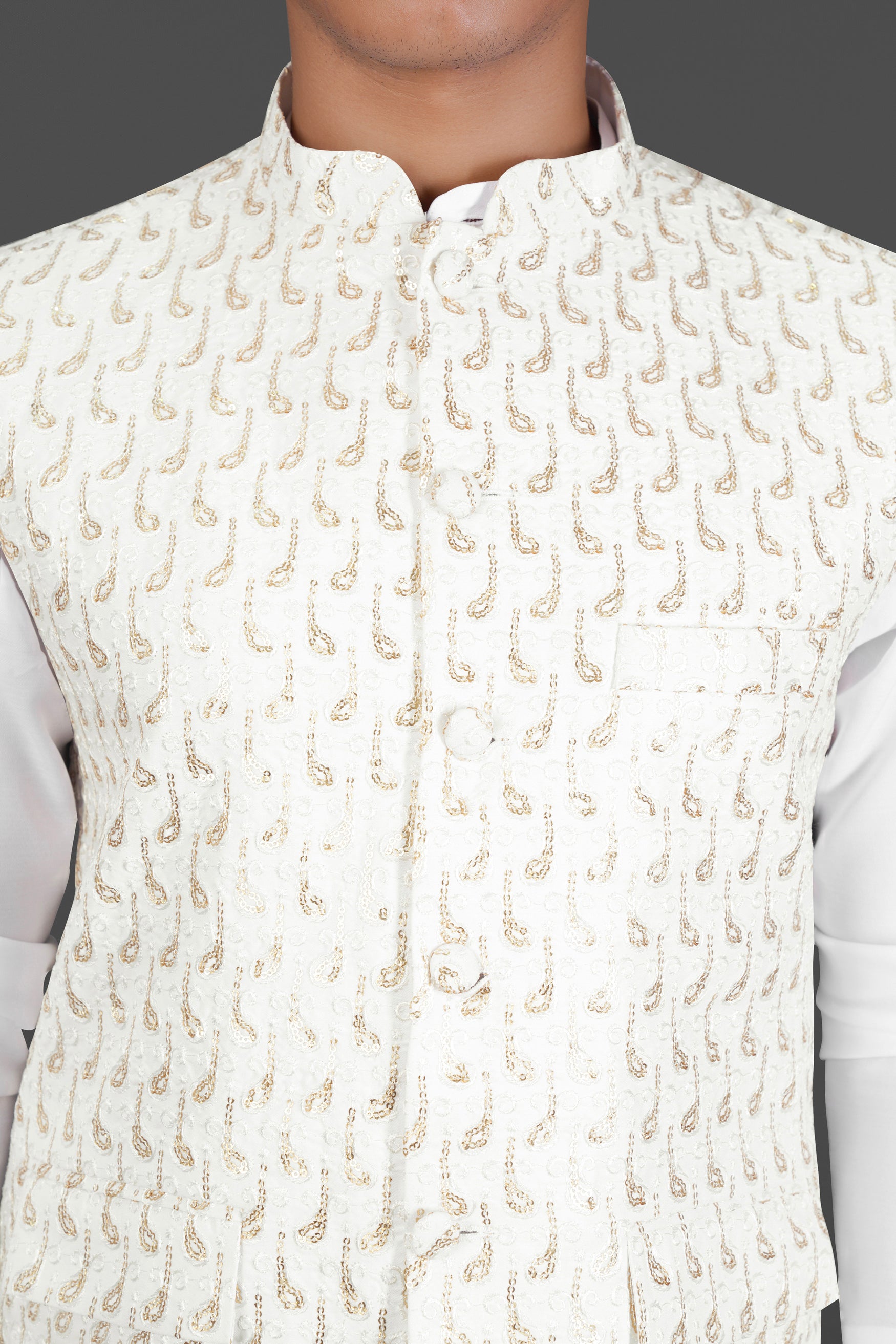 Bright White Leaves Pattern Sequin Embroidered Designer Viscose Nehru Jacket