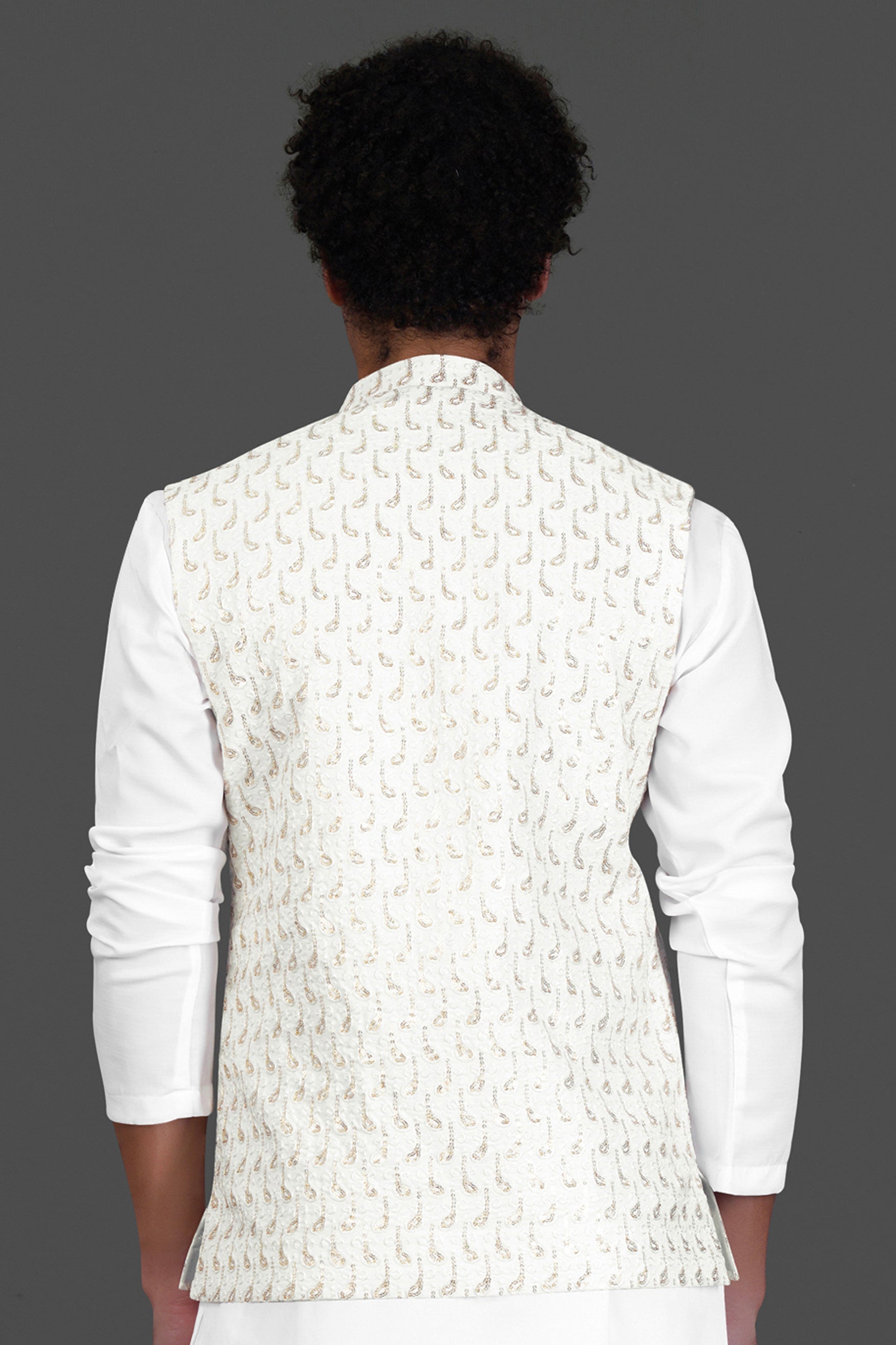 Bright White Leaves Pattern Sequin Embroidered Designer Viscose Nehru Jacket