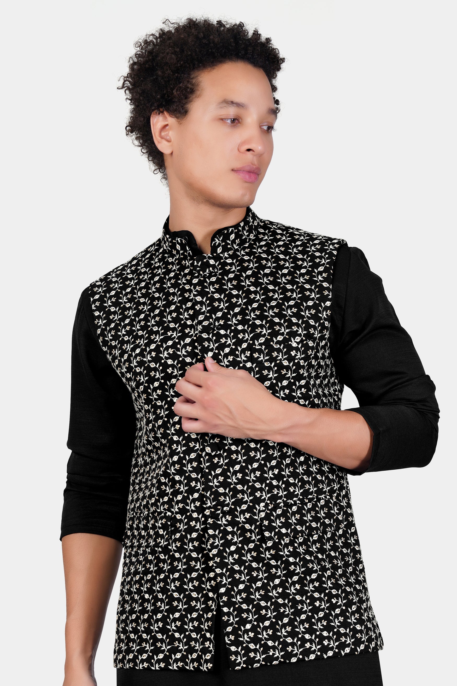 Jade Black Ditsy Pattern Thread and Sequin Embroidered Designer Viscose Nehru Jacket