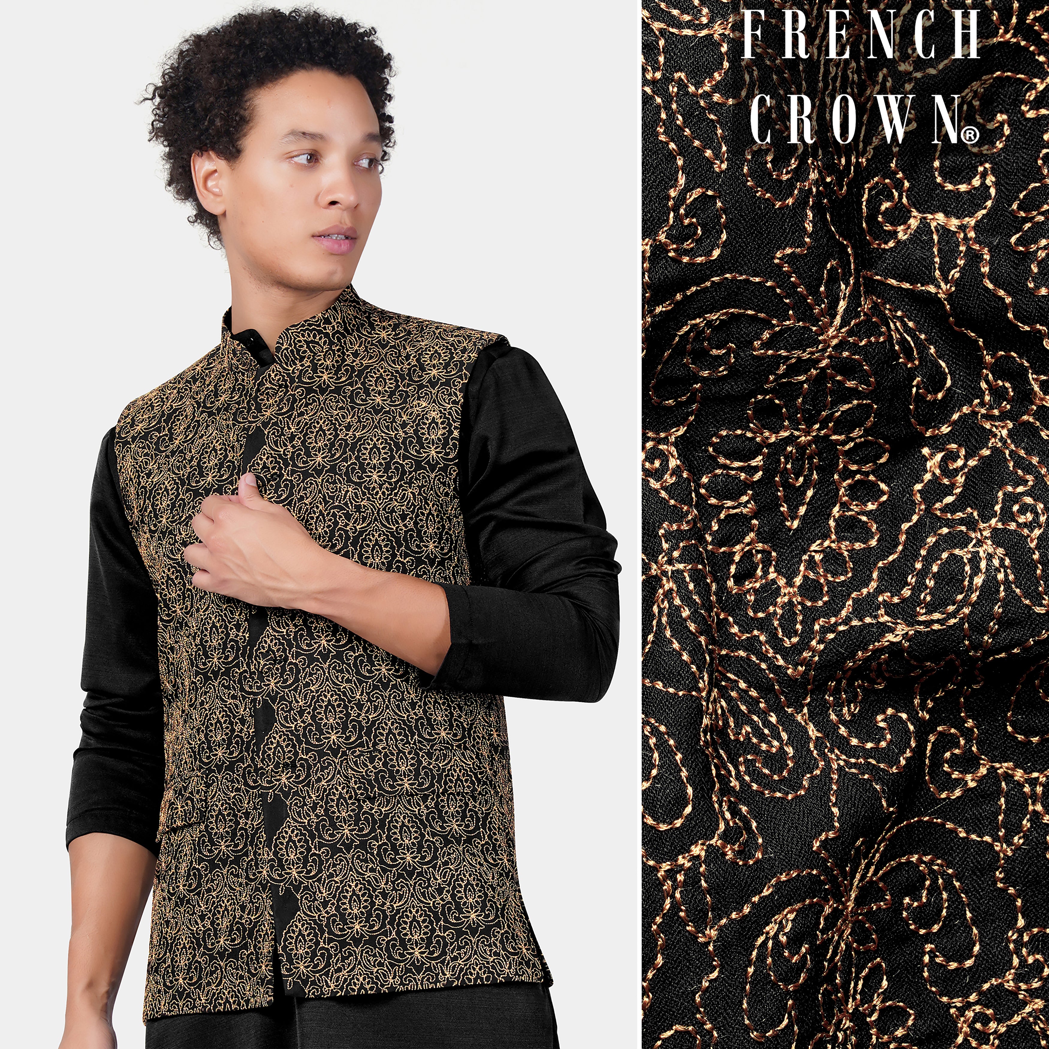 Jade Black Thread Embroidered Designer Viscose Nehru Jacket